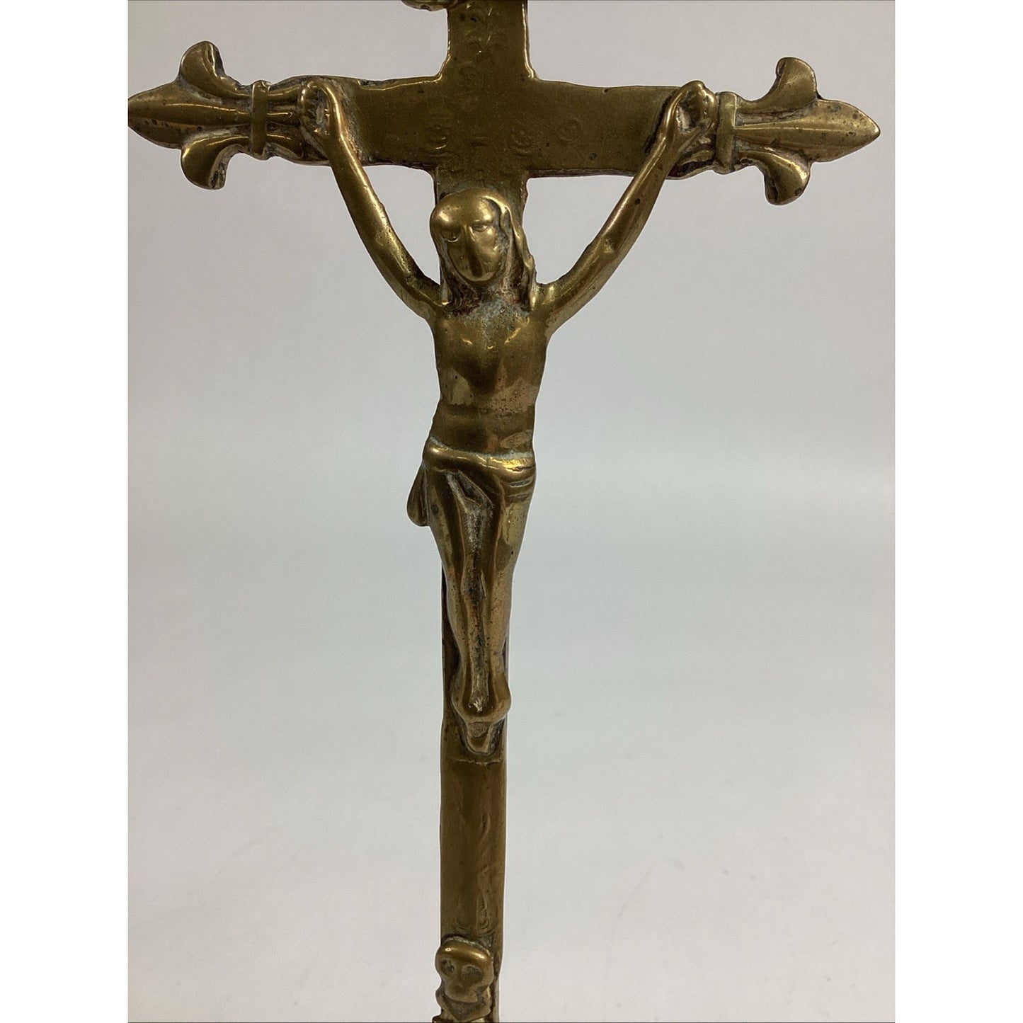 Antique Brass Inri Crucifix Standing Cross Figurine - 13”H