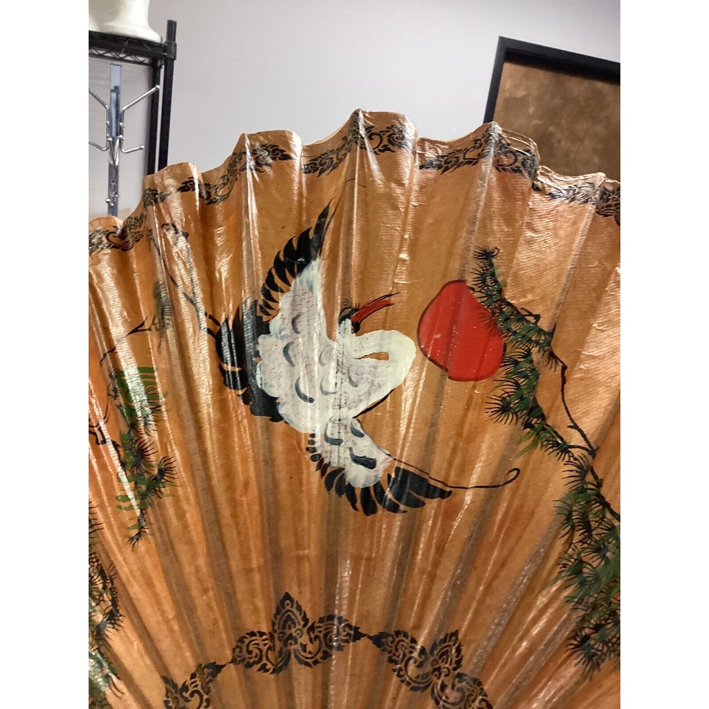 Vintage Japanese Asian Rice Paper Bamboo Umbrella Parasol - Damaged