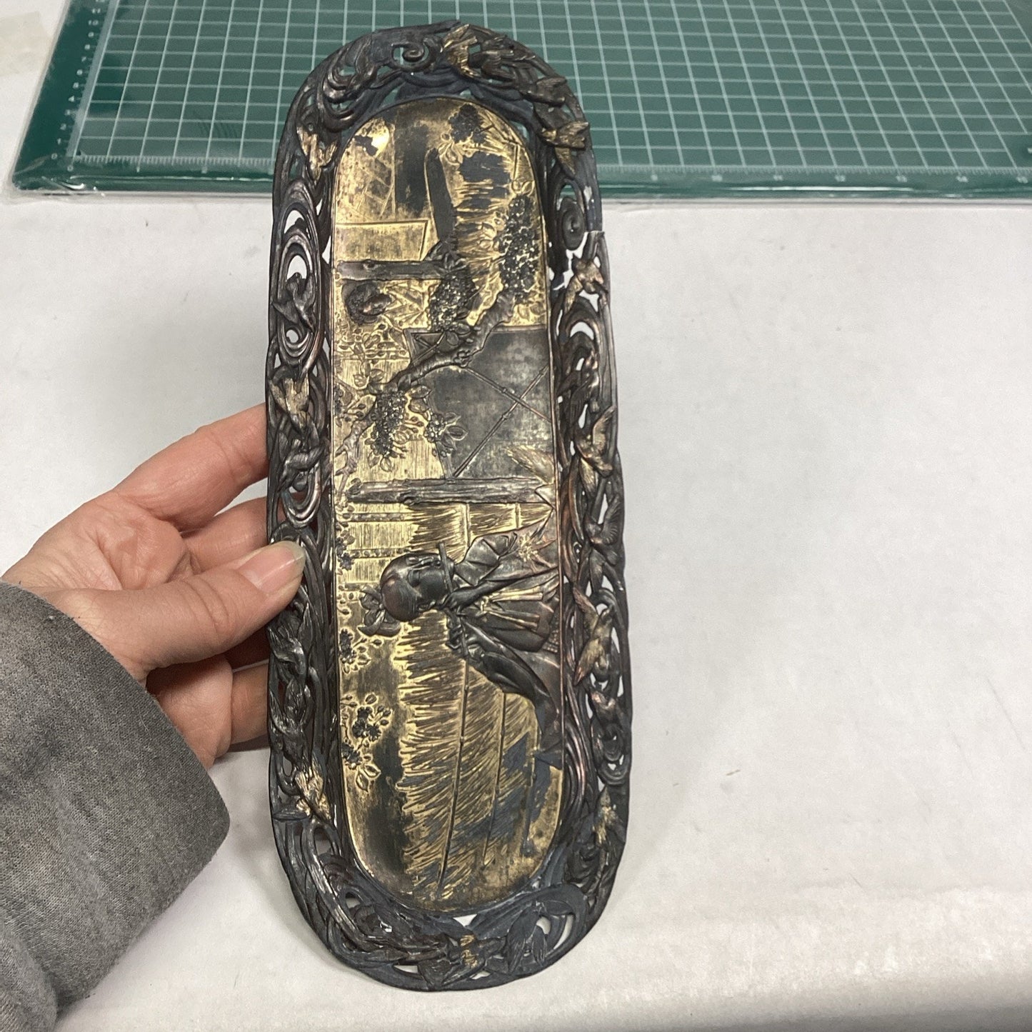 Antique Japanese Mixed Metals Trinket Or Pen Tray - 10”L