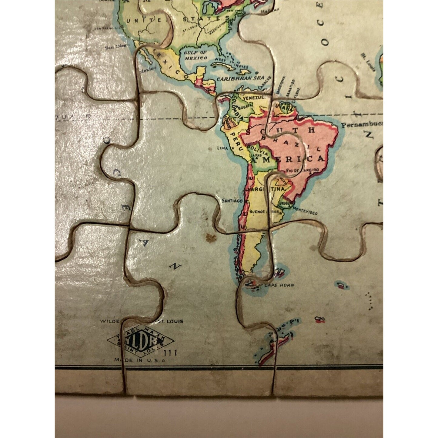 Vintage Wooden Jigsaw Puzzle Of The World On Mercator’s Projection - 35 Pieces