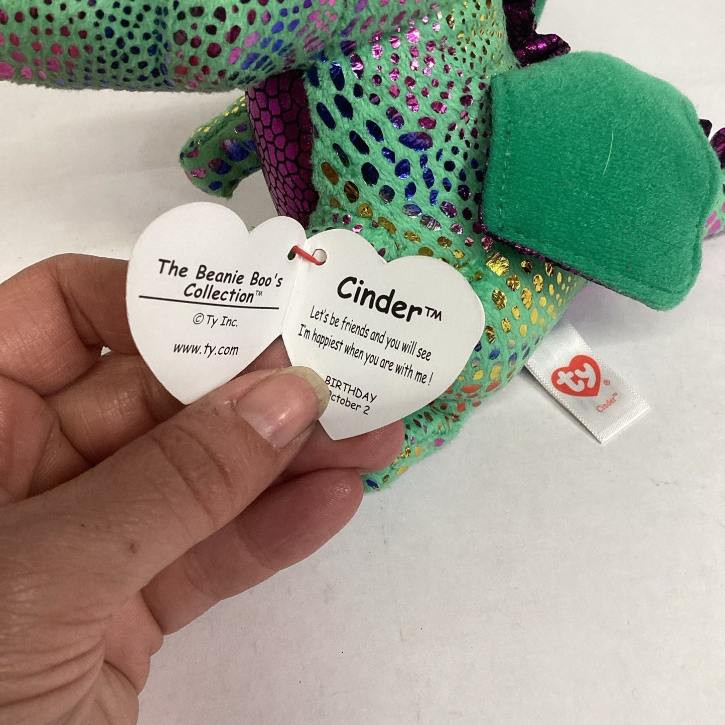 Ty Beanie Boos Cinder the Green And Purple Dragon Plush Toy Collectible