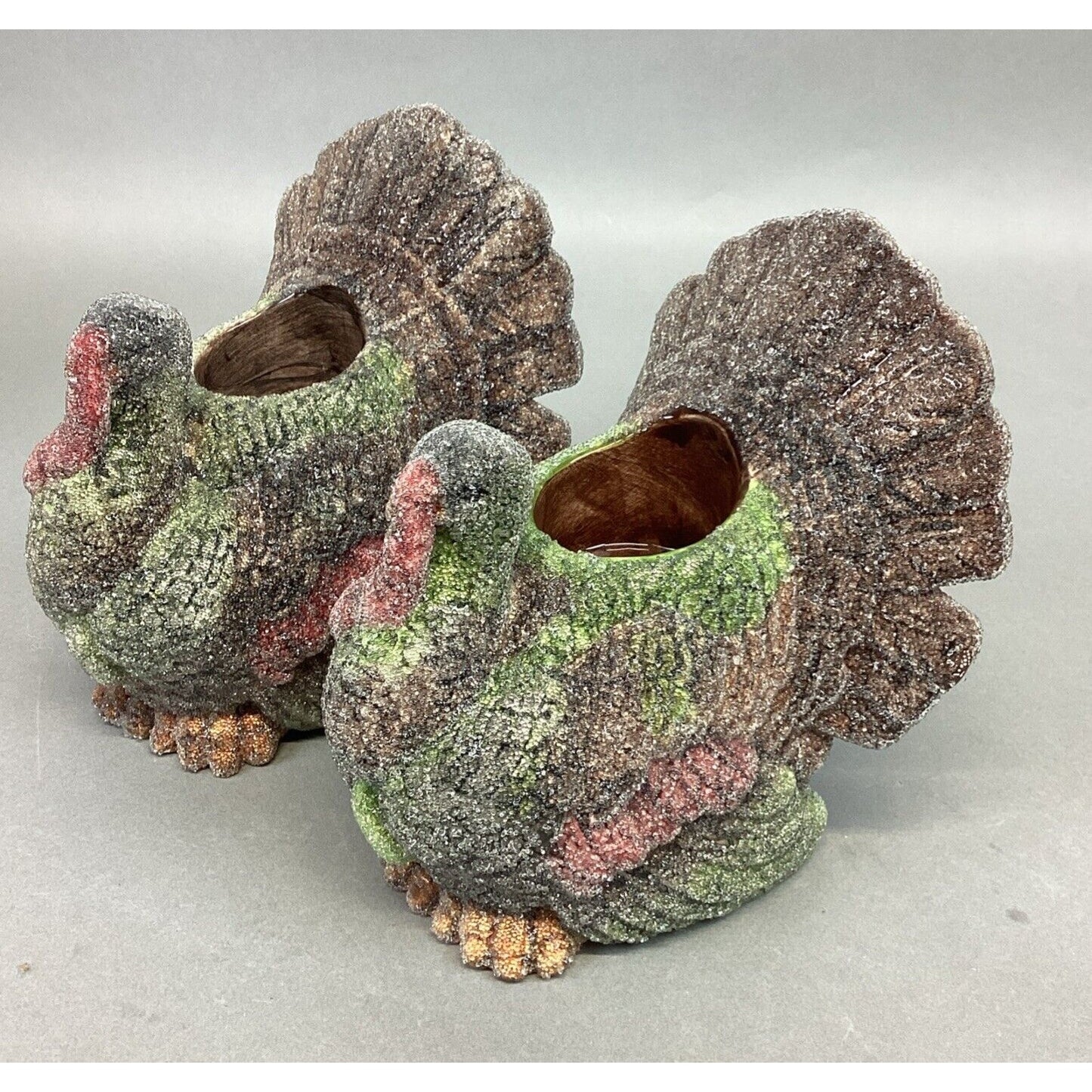 Set Of 2 Frosted Ceramic Turkey Candle Holders - 5x4.5x5.25”