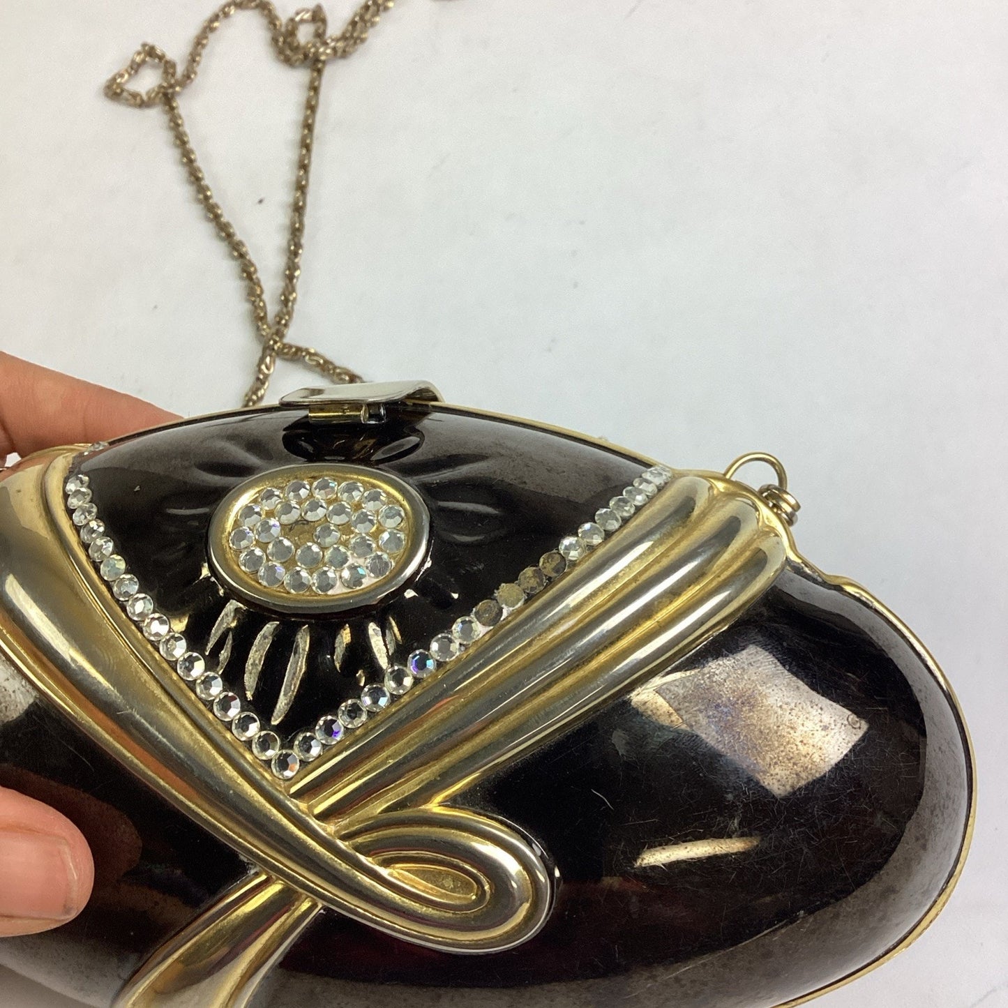 Vintage Black Evening Bag With Gold Trim, Rhinestones And Gold Chain