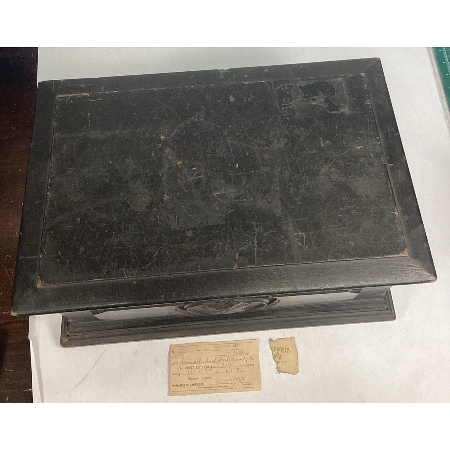 Antique 1880’s Victorian Wooden Document Chest W/ Carved Cameo & A 1913 Paper