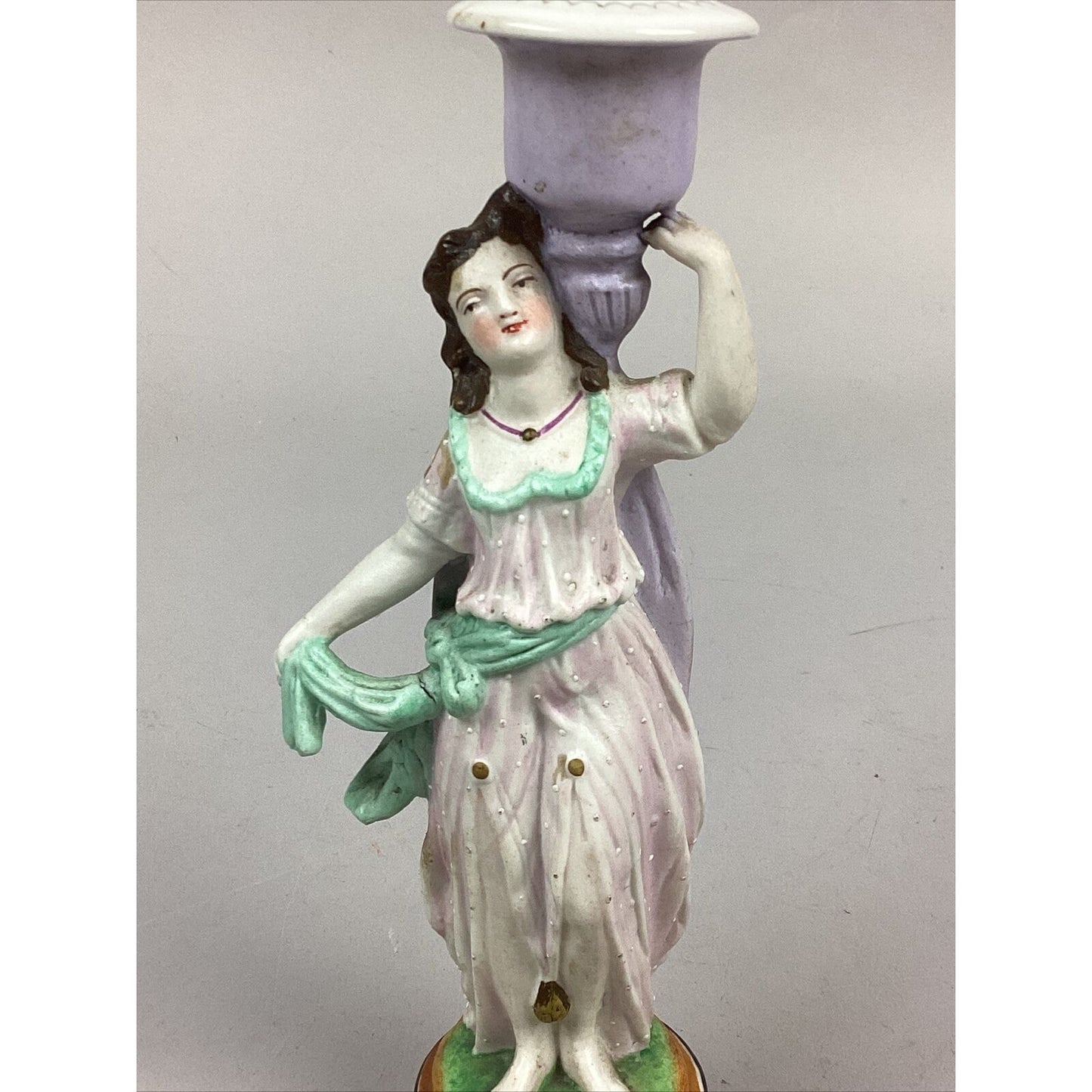 Rare Antique English Derby Hard Paste Porcelain Woman & Candlestick Holder - 8”