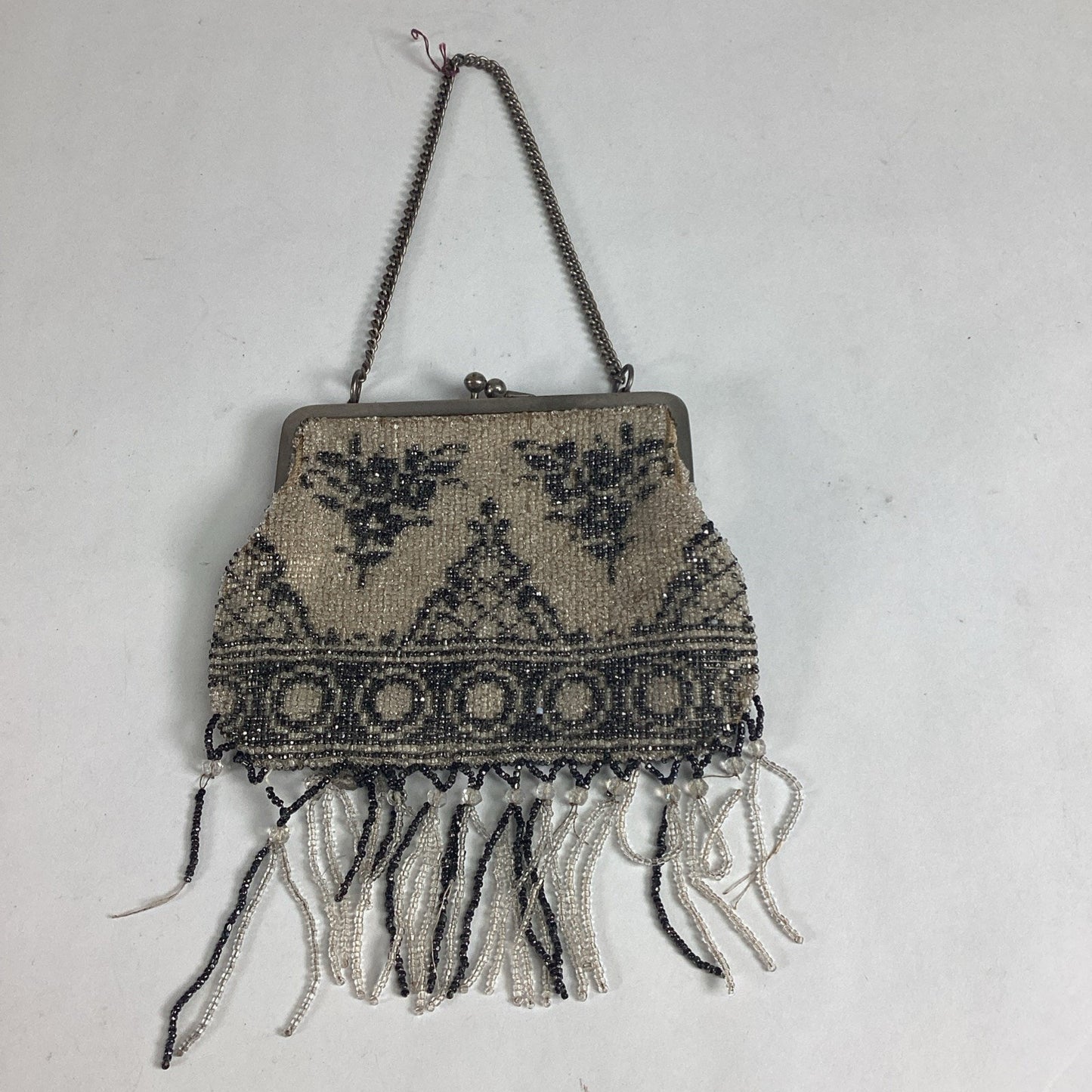 Vintage Beaded Evening Bag With Fringe & Mirror