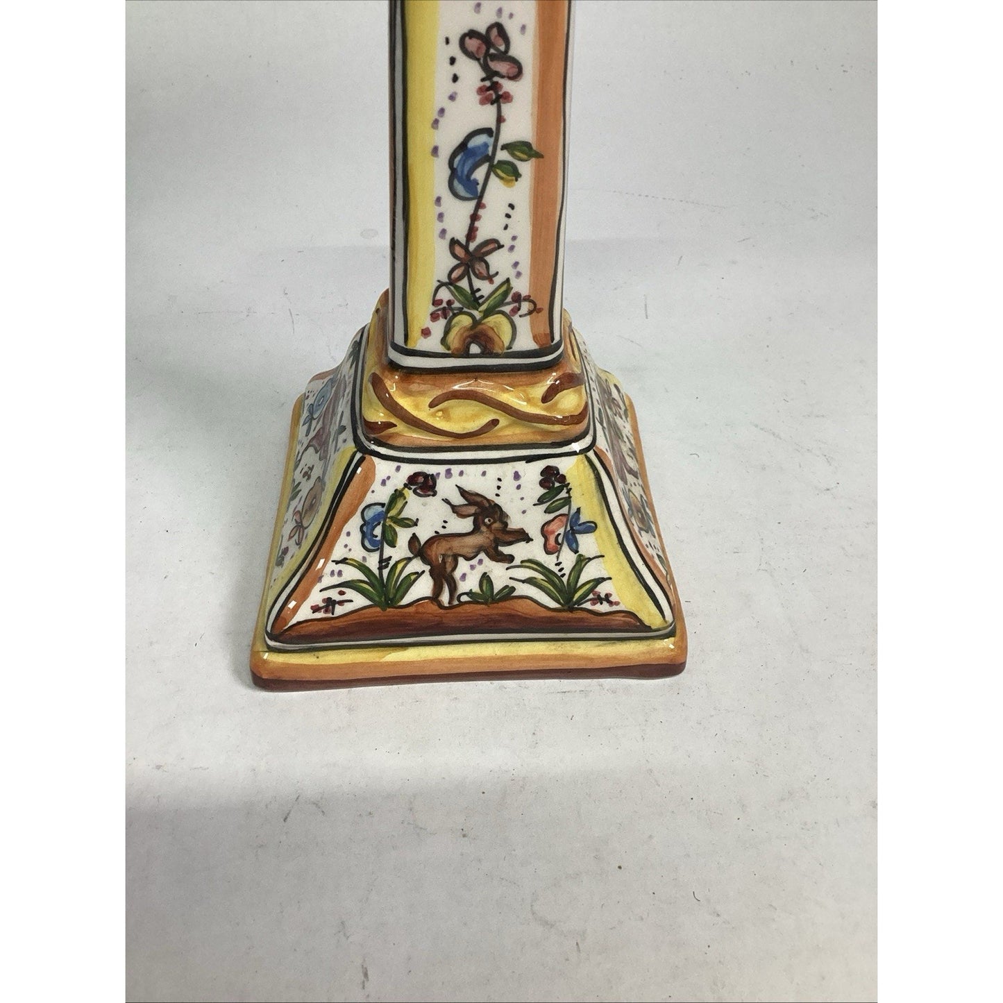 Portuguese Majolica Holu Candlestick W/ Bunnies, Birds And Flowers