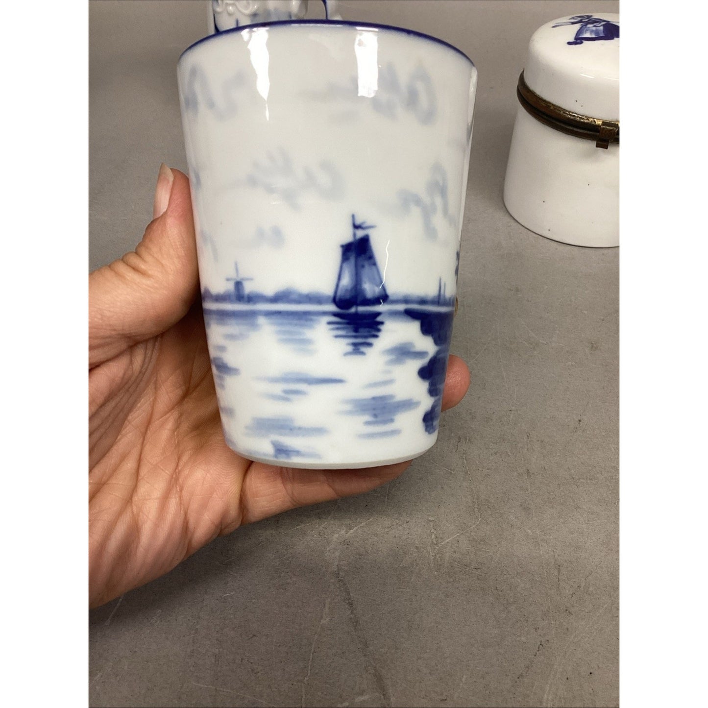 Antique Flow Blue Delft Style White Milk Jug Sailboat, Windmill Cup & Lidded Jar