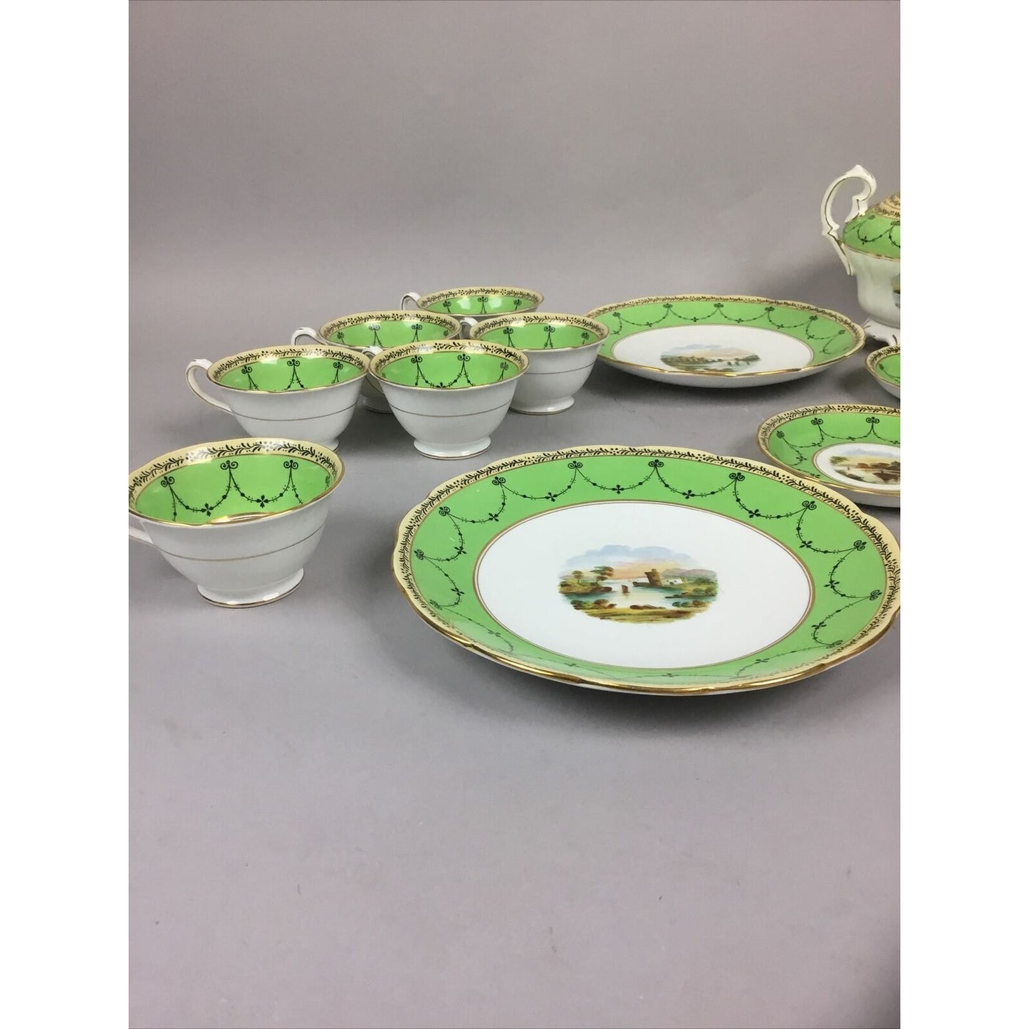 Grosvenor Ye Old Cups, Plates, Saucers green. Jackson and Gosling Co. Set of 15.