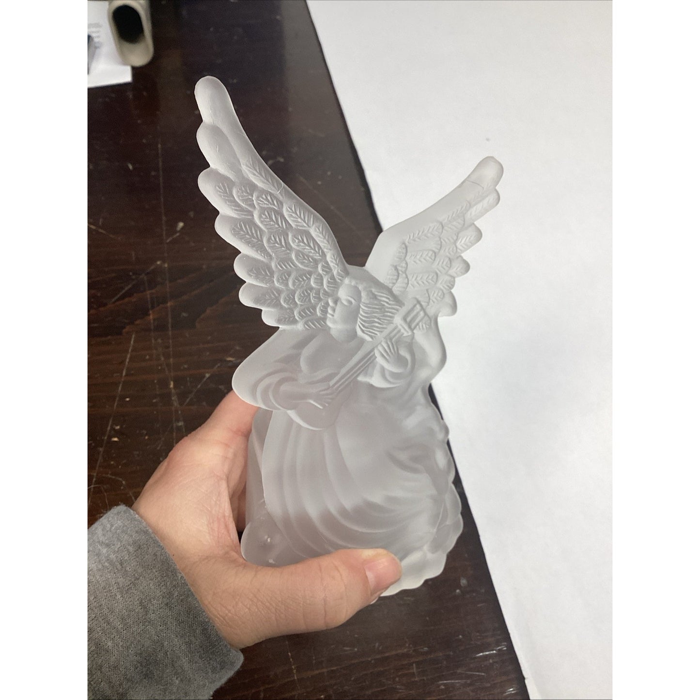 Frosted Glass Angel Playing Lute Tea Light Holder