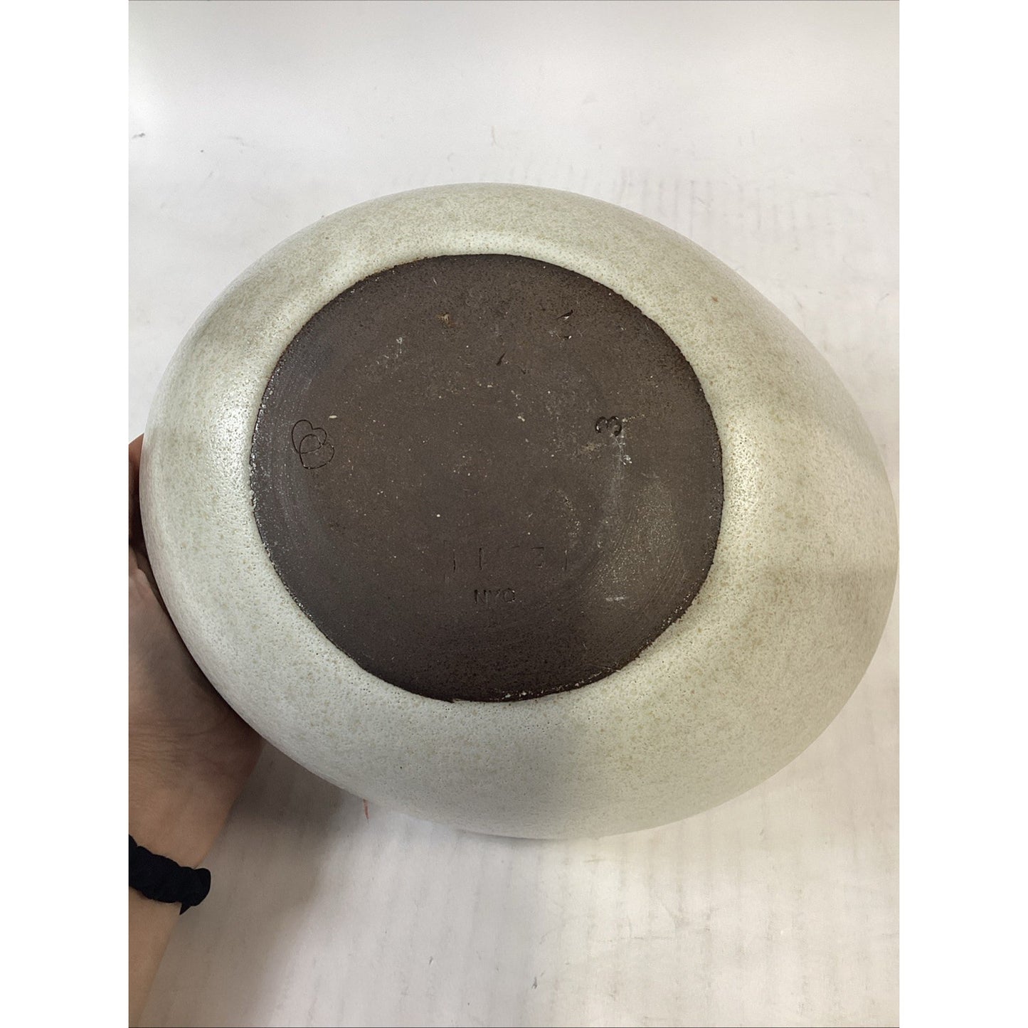 Vintage Speckled White Glazed Bowl - 9x7.5x3.5”