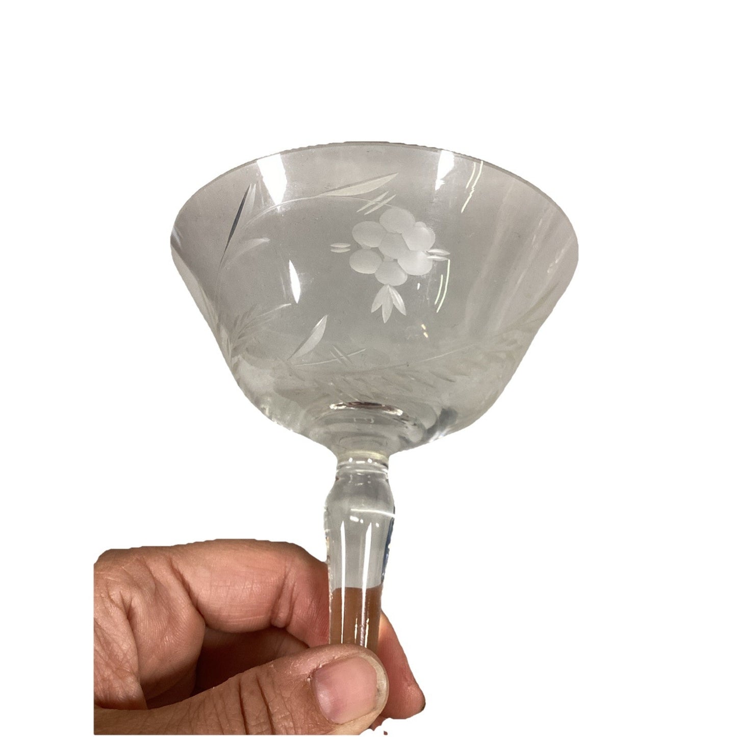 Set Of 4 Floral Etched Glass Champagne Glasses