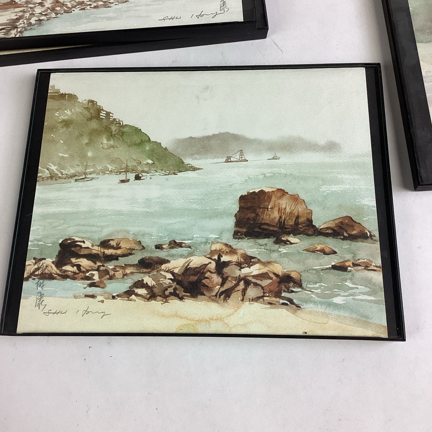 Lot Of 4 Chinese Watercolor Paintings And 1 Lighthouse Print