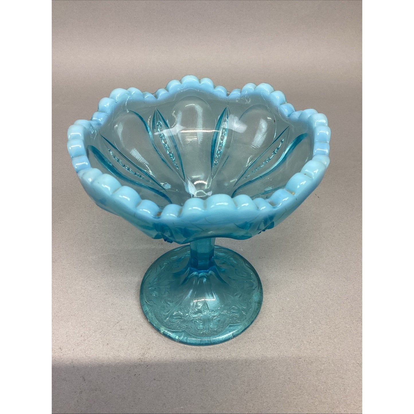 VTG FENTON GLASS OPALESCENT BLUE CANDY PEDESTAL FOOTED COMPOTE BOWL DISH 4 5/8"