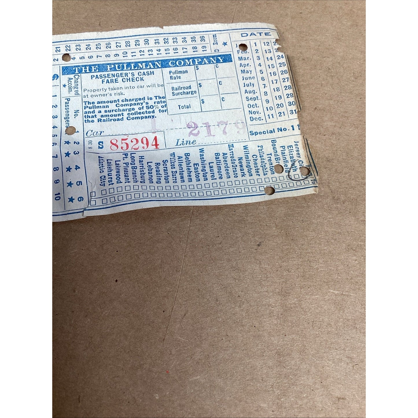 VTG The Pullman Company Passengers Cash Fare Check #85294 To Philadelphia