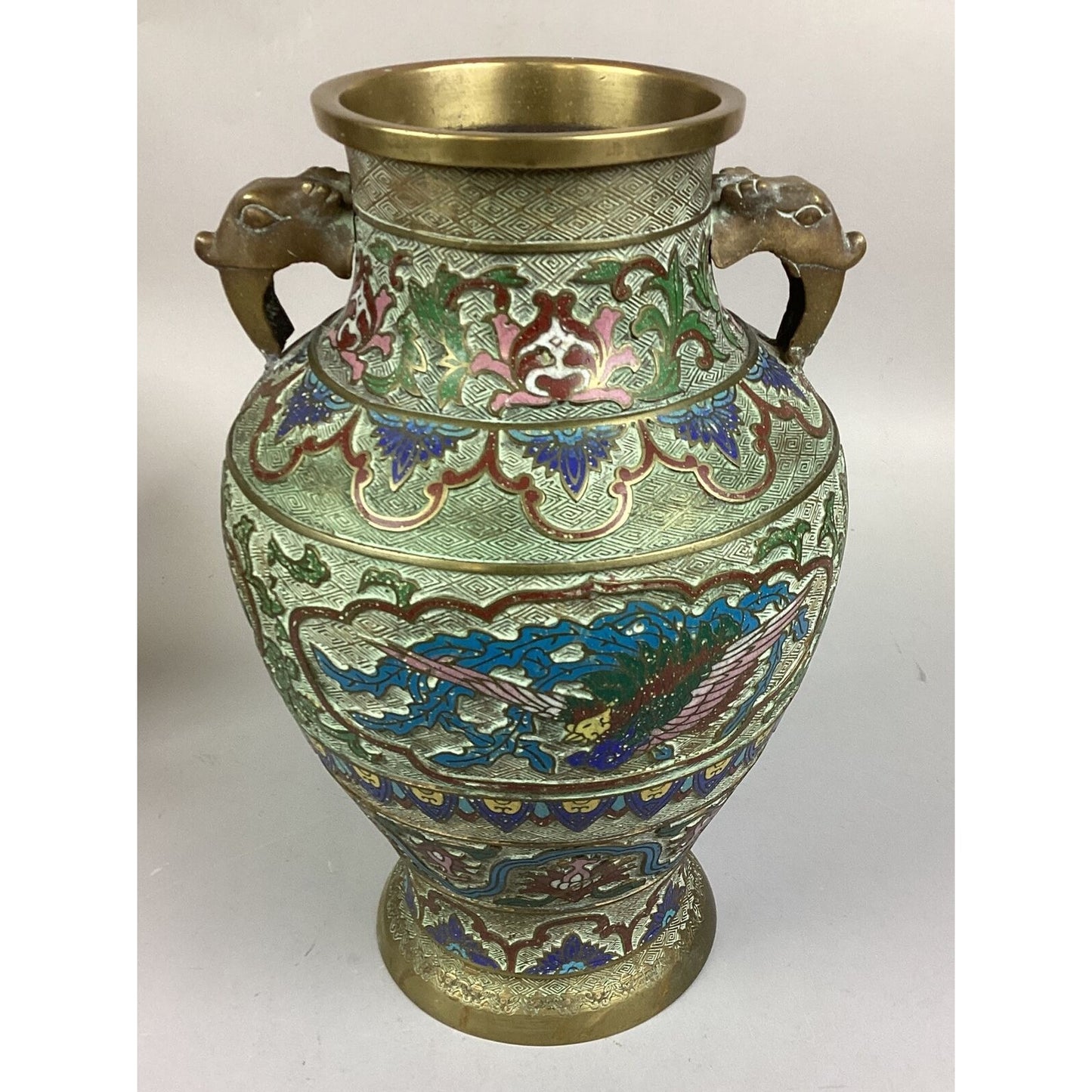 Large Vintage Japanese Champleve Bronze Cloisonne Doubled Handed Vase/ Urn - 14”