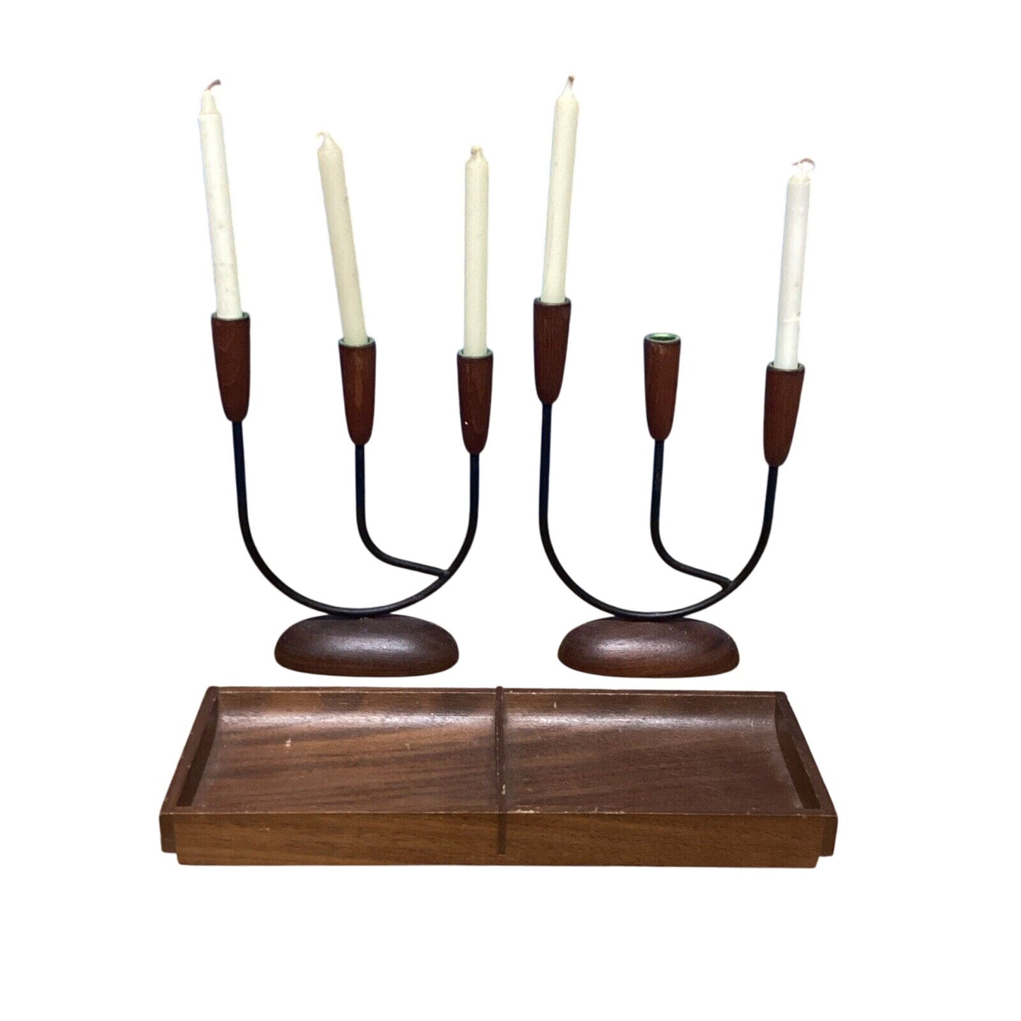 Set of 2 Vintage Danish Teak Wood & Metal Candelabras, 5 Candles & Holder