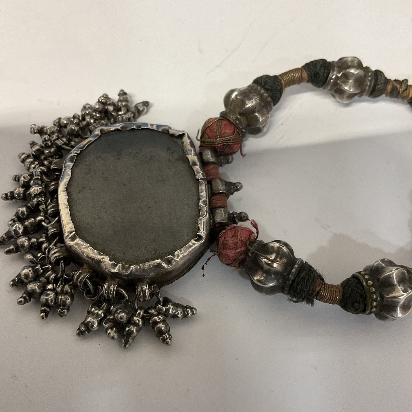 Mid Century Rajasthani Necklace Hand Painted Pendant With Silver Casing