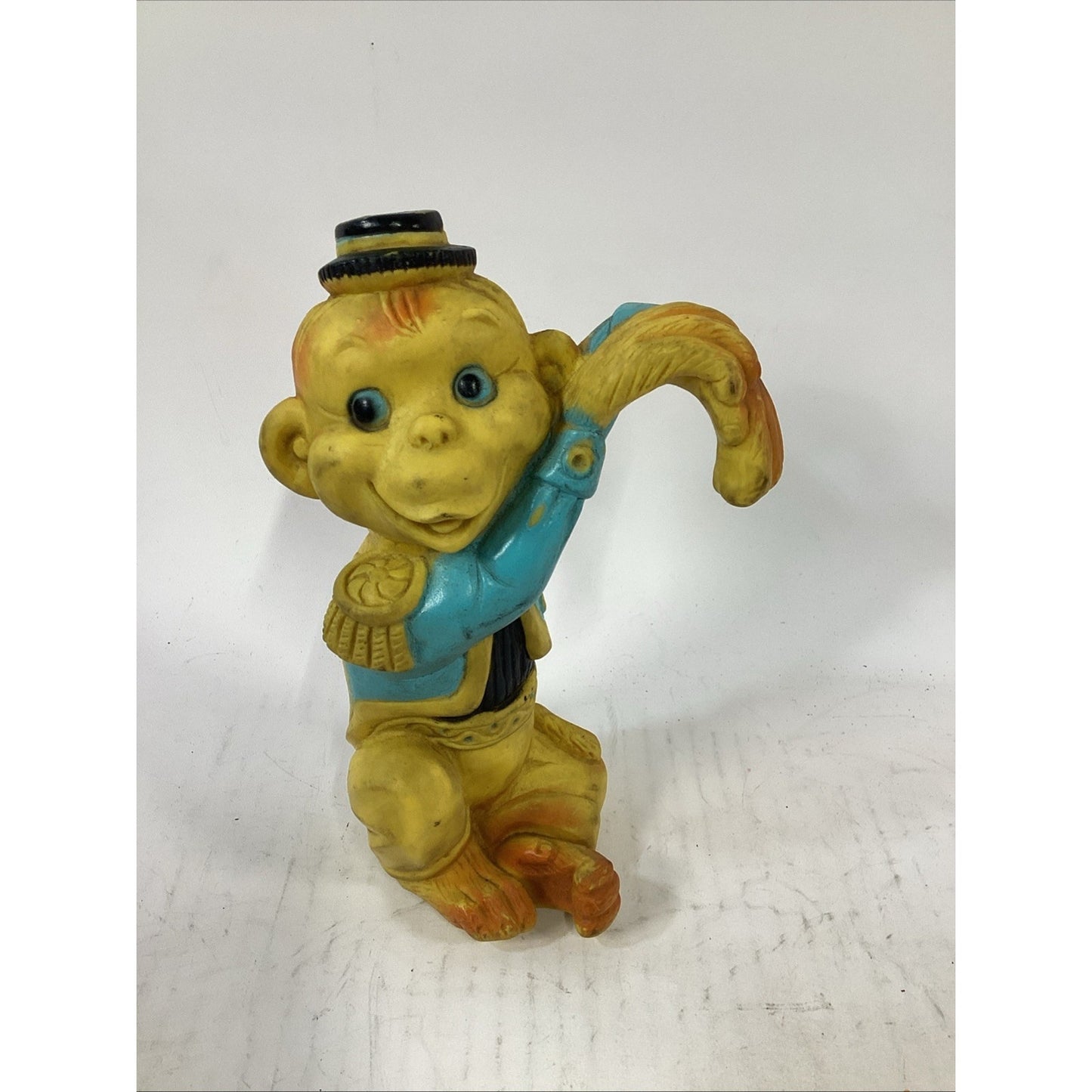 1965 Vintage AJC Rubber Yellow Monkey Squeak Toy Crib Hanger - It Works!