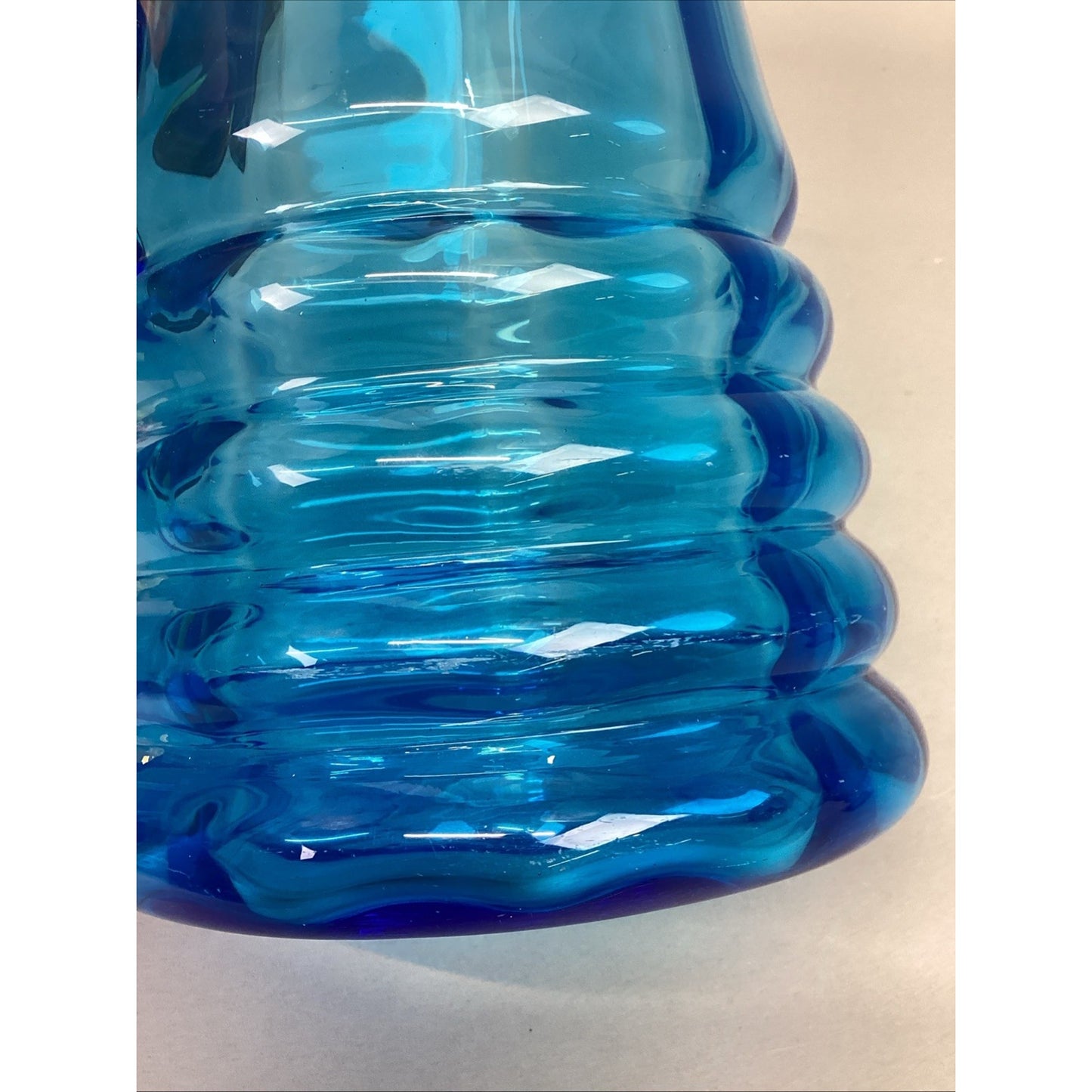Vintage Art Glass Blue Water Jug Pitcher W/ Handle - 10.5”H