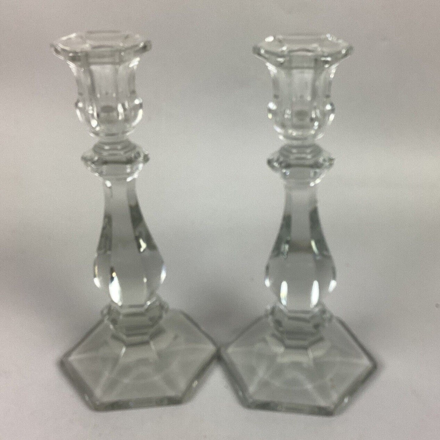 Set Of 2 Candle Stick Holders Clear Glass Crystal Heavy Hex Base - 11”H