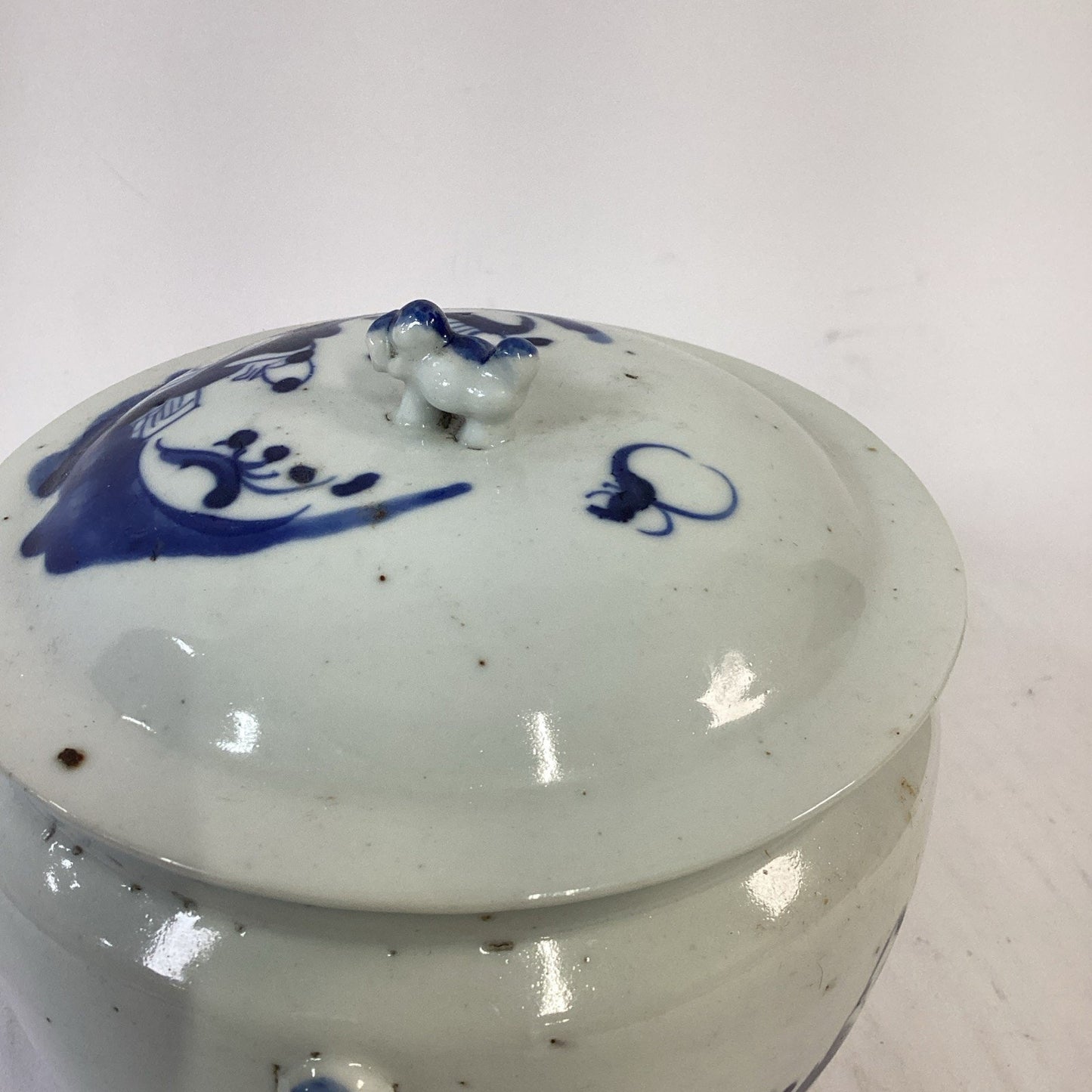 Antique 1851-1861 Chinese Blue And White Porcelain Kamcheng Covered Jar Qing Dyn
