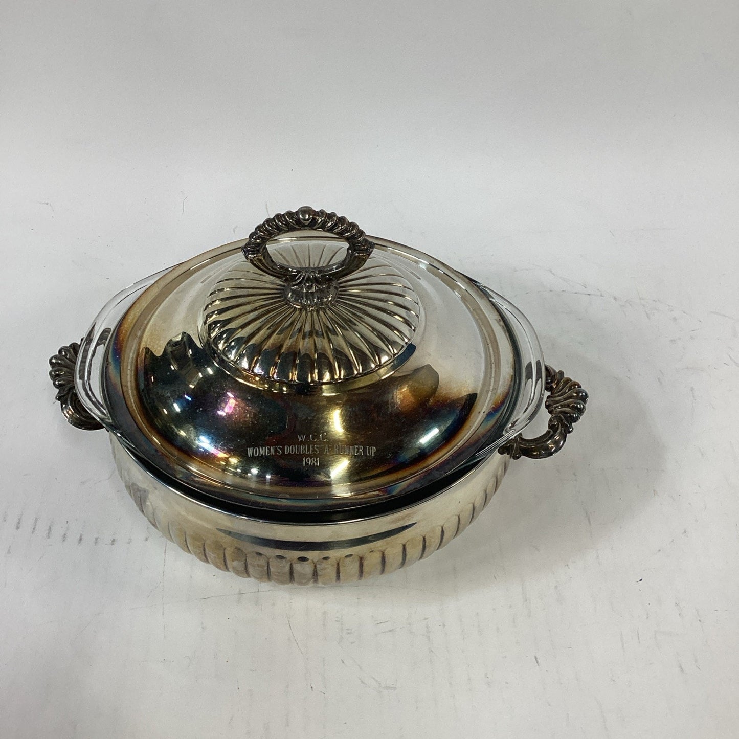 Kent Silversmiths Silverplate Covered Casserole with 2 Qt Glass Pyrex Insert