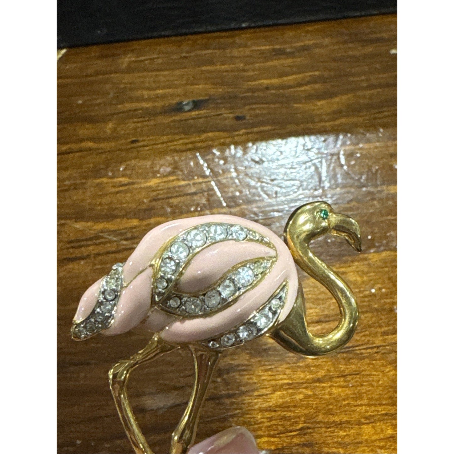 Vintage Flamingo Bird Pin Brooch Pink Enamel Gold Tone Figural Jewelry Green Eye