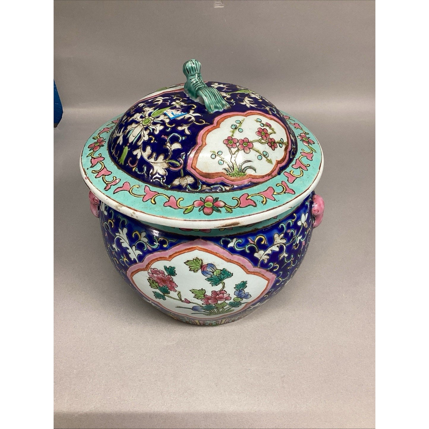 Chinese Lidded Jar (Kamcheng) Enameled Thick Porcelain W/ Peony Flowers - 9.5”H