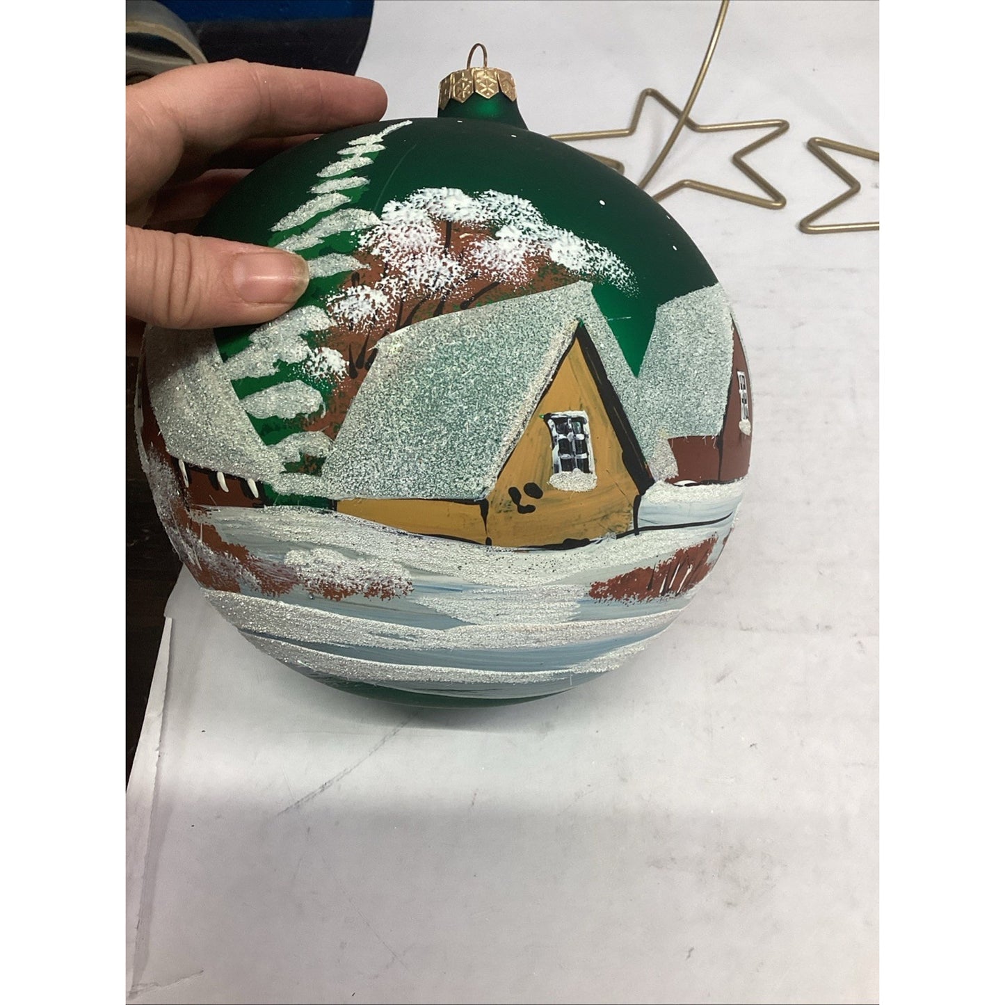 2 Hand Painted Snowy Cabins Glass Ball Ornaments With Ornament Hangers - 7”D