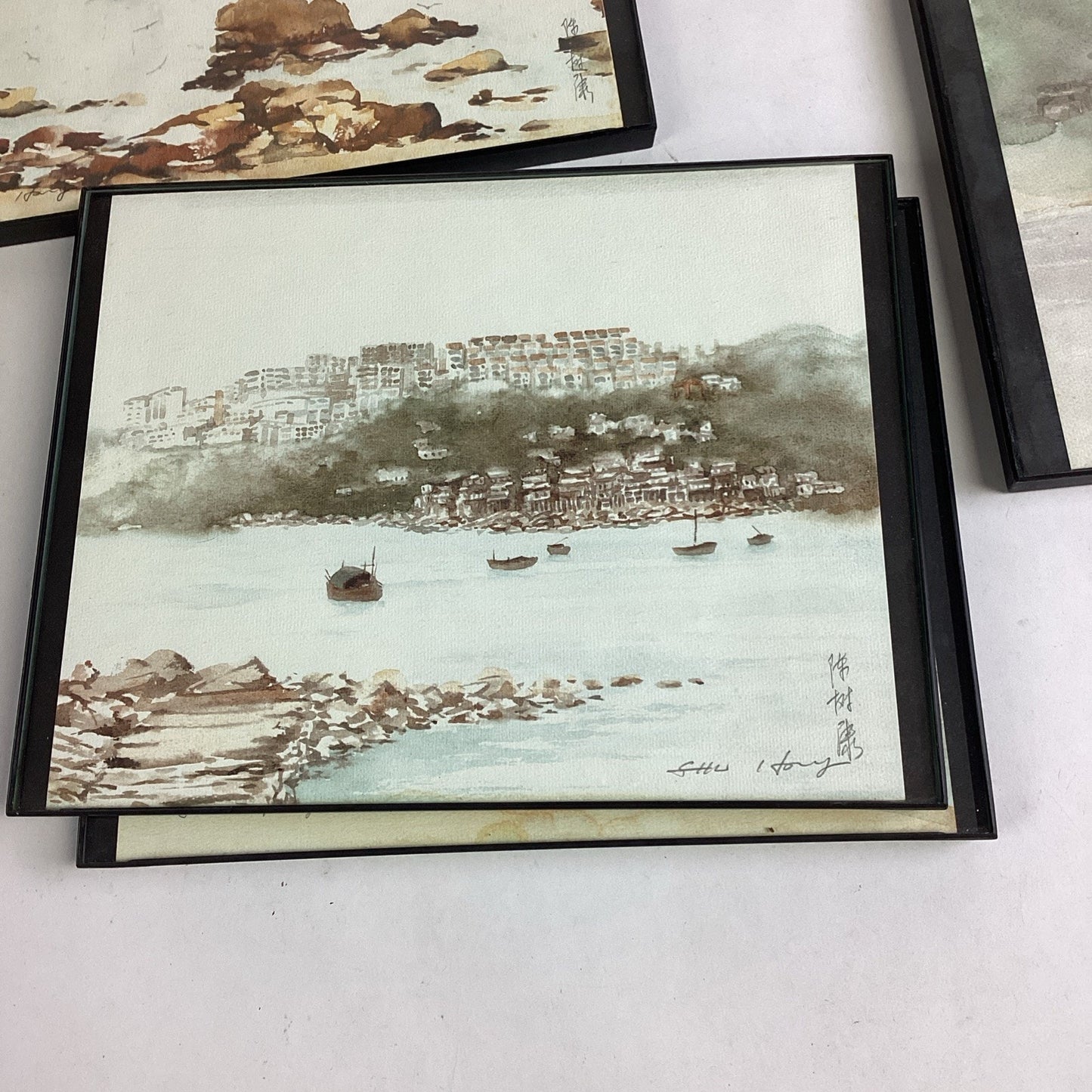 Lot Of 4 Chinese Watercolor Paintings And 1 Lighthouse Print