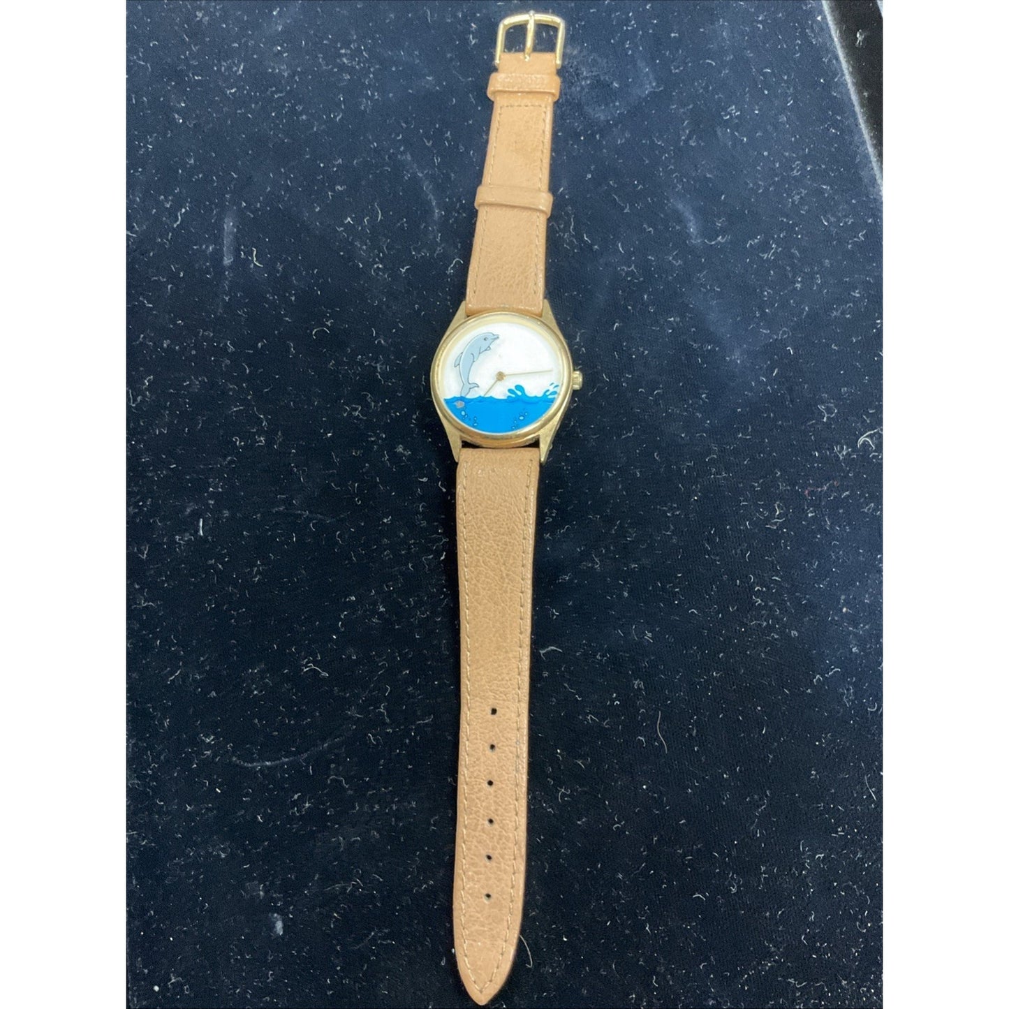 Cool Vintage Gold Tone Case “Dolphin” Dial And Leather Band
