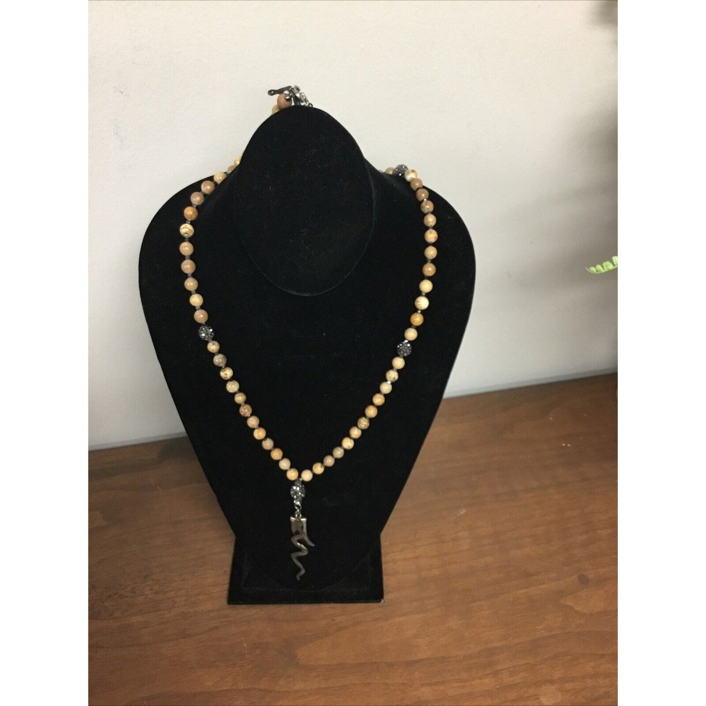 Long Gold & Beige Wooden Beaded Necklace With Silver Snake Pendant