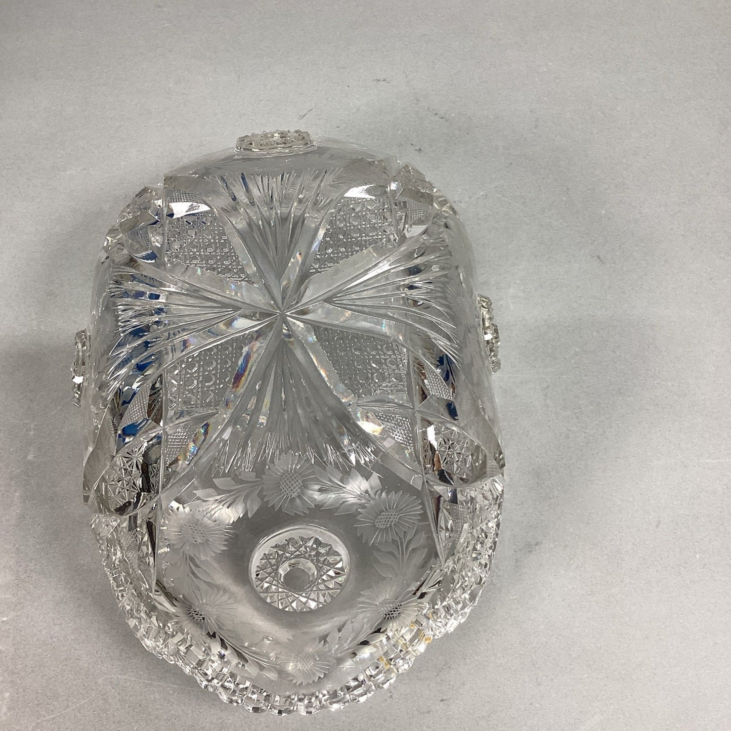 Vintage Heavy Cut Glass Bowl With Sawtooth Edges - Floral & Sunburst - 11x7”