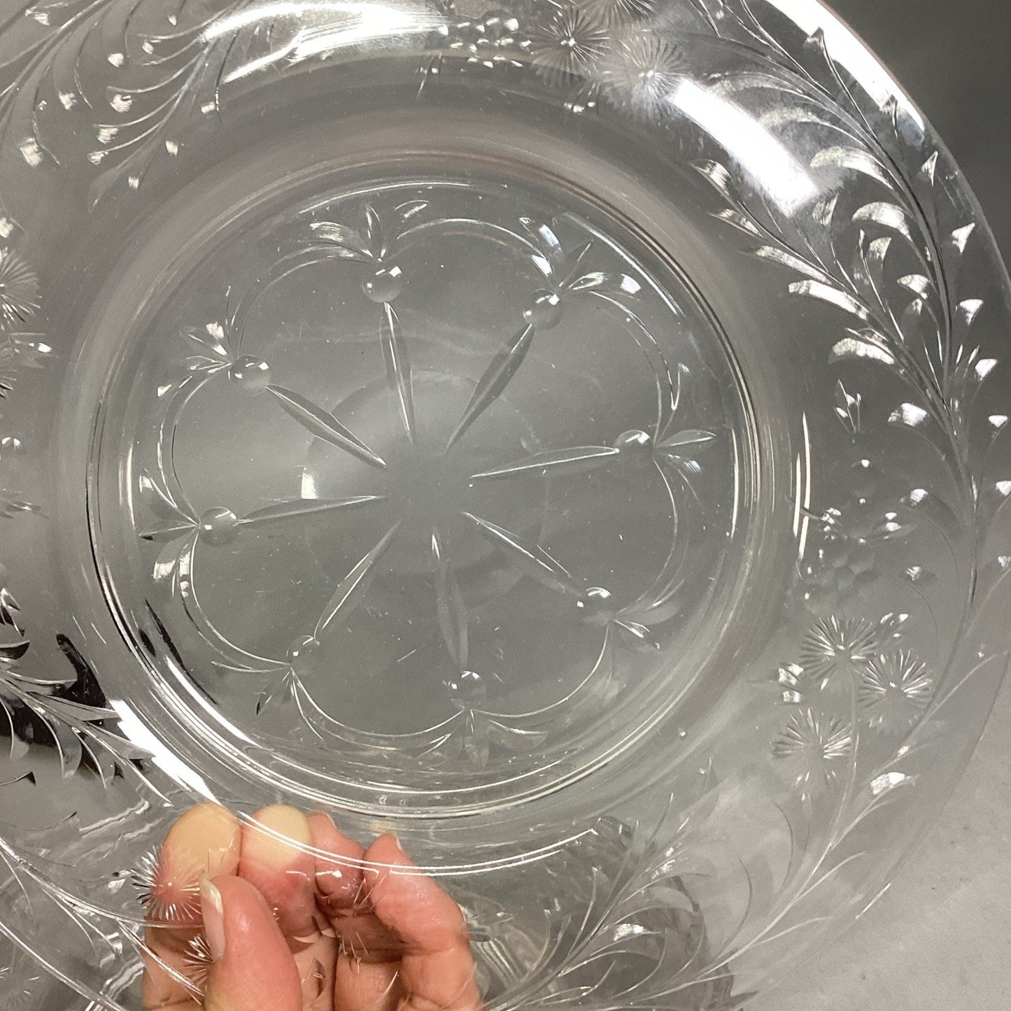 Set Of 11 Etched Cut Glass Luncheon Dessert Plates 9”D