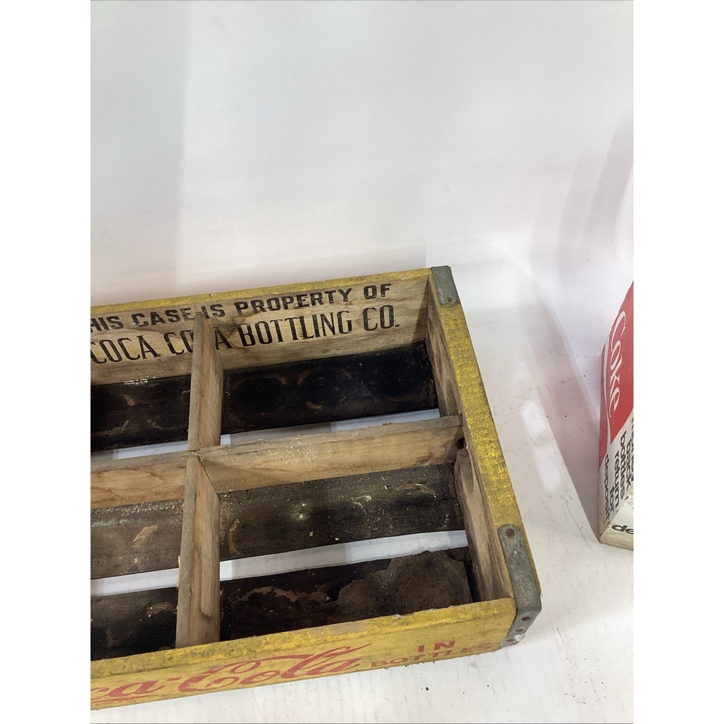 Vintage 1968 Wooden Coca Cola Yellow Wood Crate W/ 6 Bottles In Holder - SC