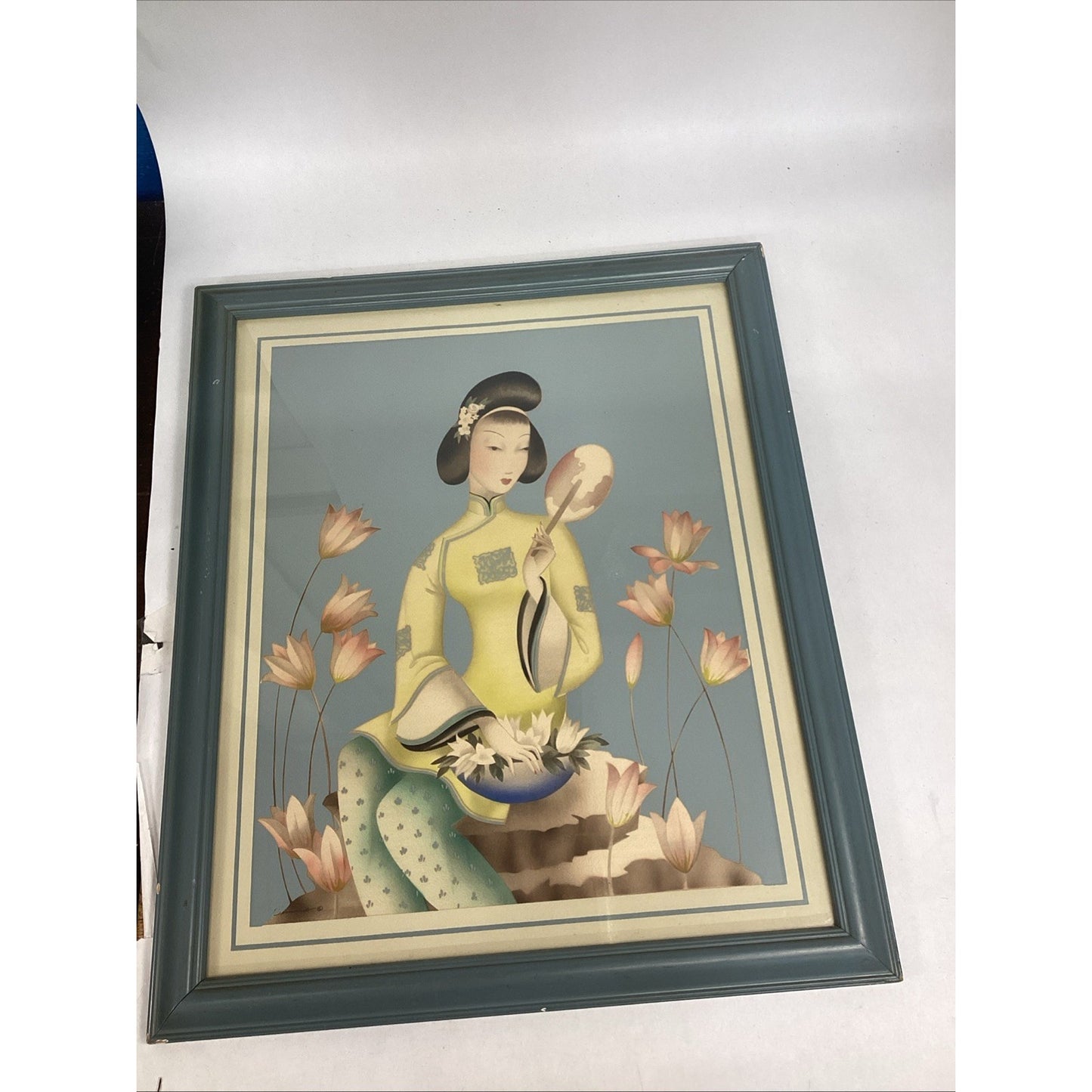 Vintage Framed Lithograph of a Sitting Asian Woman Among Lotus Flowers 24.5x20”