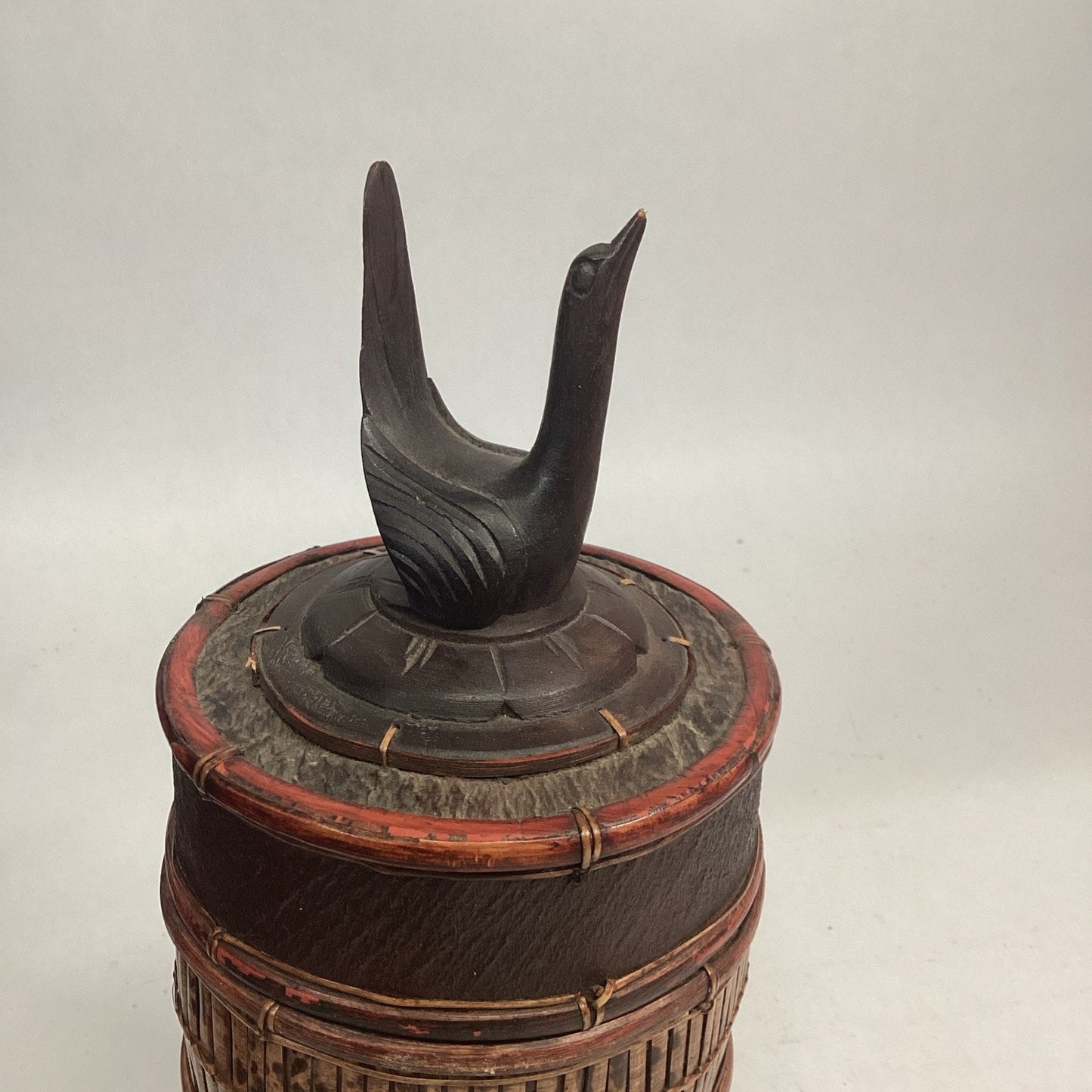 Indonesian / Balinese Handcrafted Carved Bamboo Crane Container With Lid - 12”H