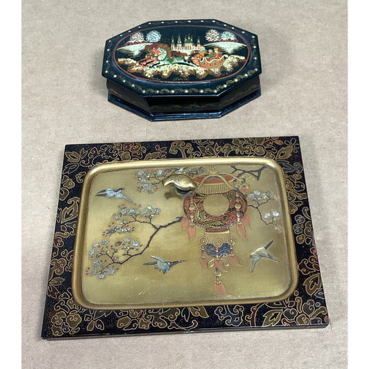 Lot of 2 Russian Wooden Lacquer Trinket Box And Tray