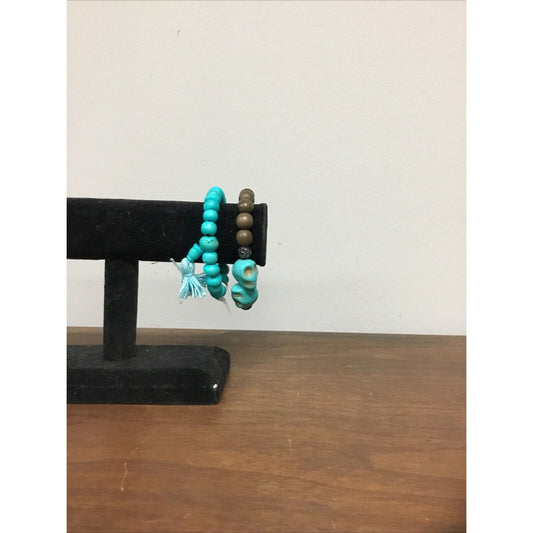 Brown And Turquoise Beaded Skull Bracelet Set