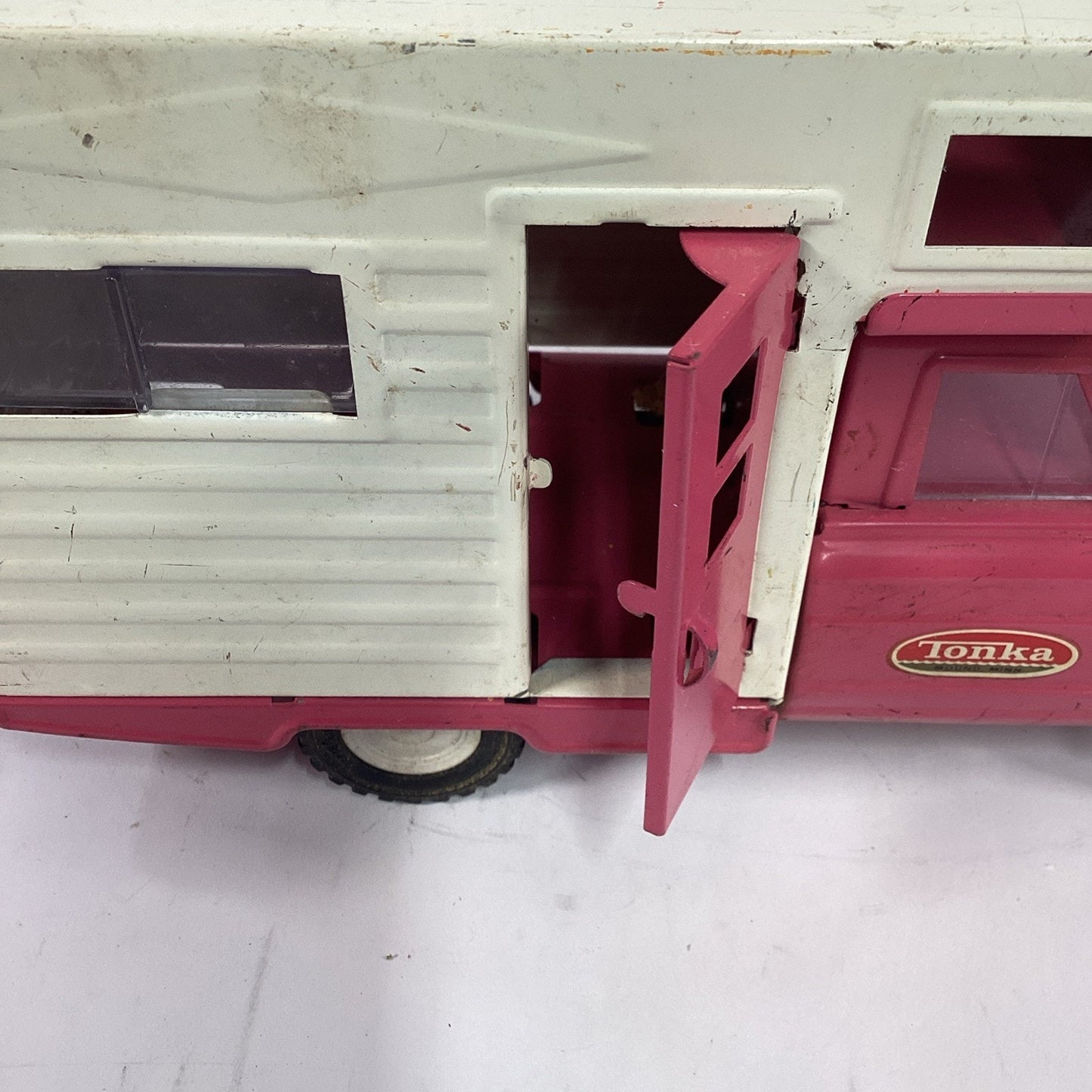 Vintage 1960's Tonka Jeep Camper Pink Pressed Steel Truck and Camper