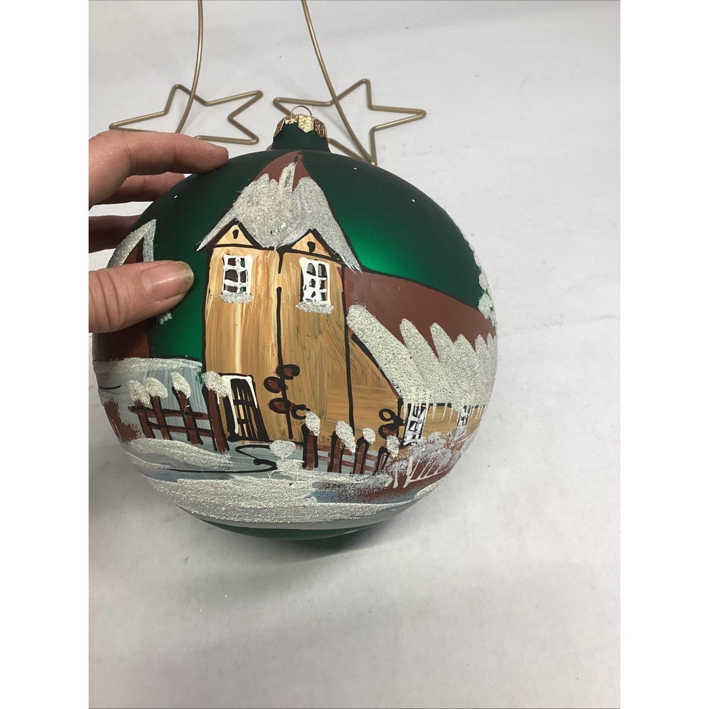 2 Hand Painted Snowy Cabins Glass Ball Ornaments With Ornament Hangers - 7”D