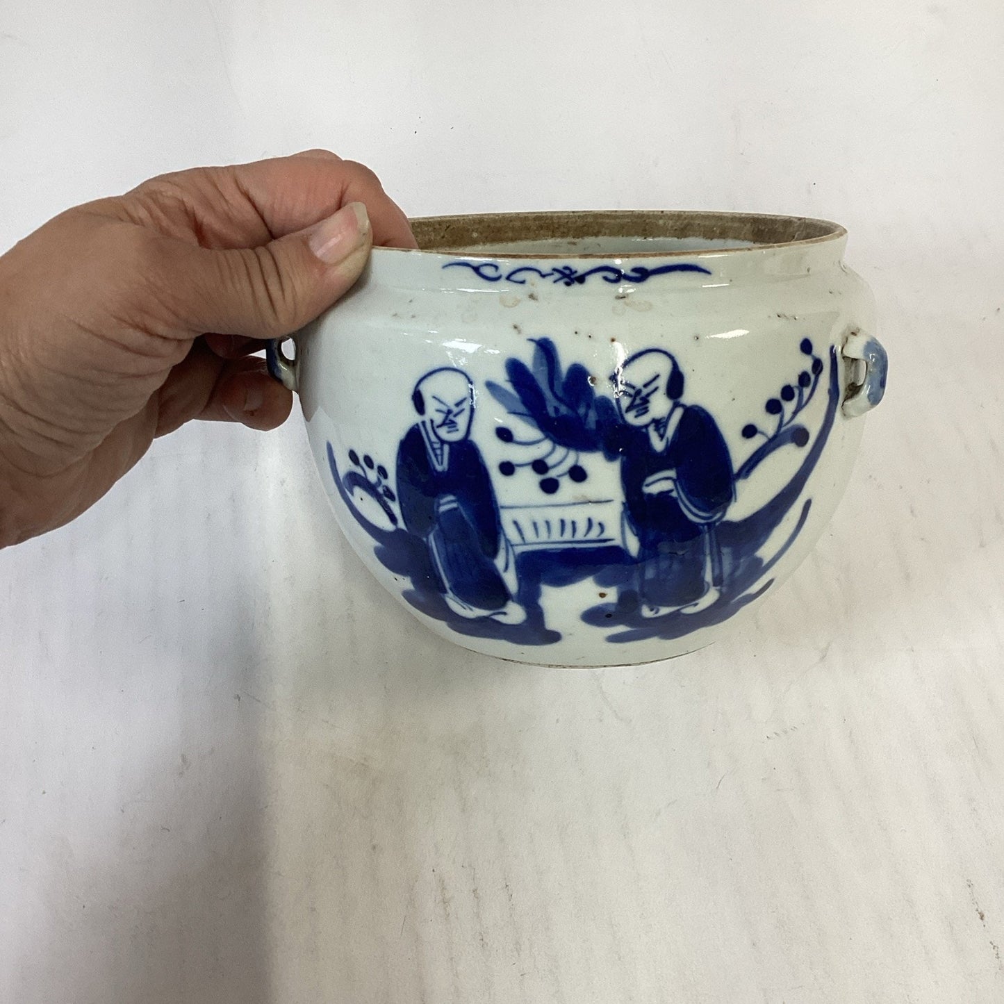 Antique 1851-1861 Chinese Blue And White Porcelain Kamcheng Covered Jar Qing Dyn