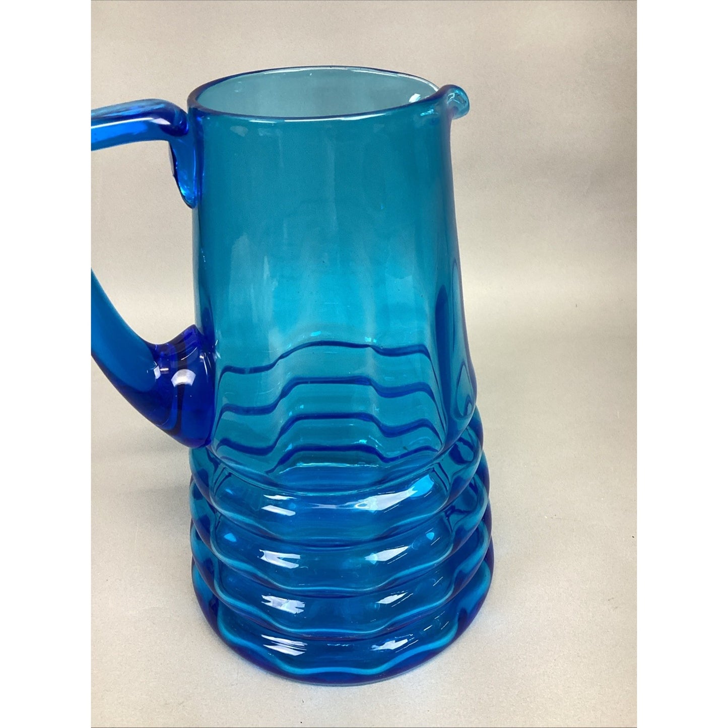 Vintage Art Glass Blue Water Jug Pitcher W/ Handle - 10.5”H