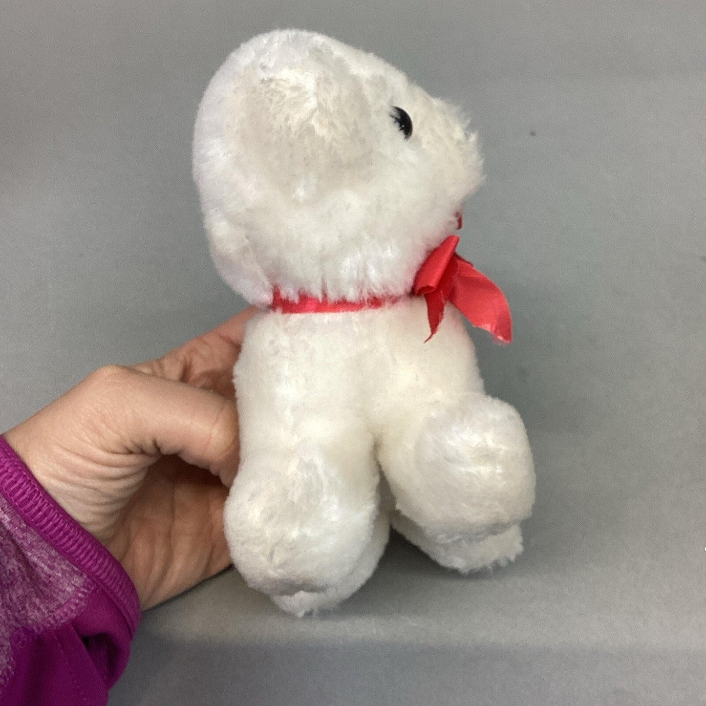 Vintage 1982 White Polar Bear Cub Plush Toy With Red Ribbon