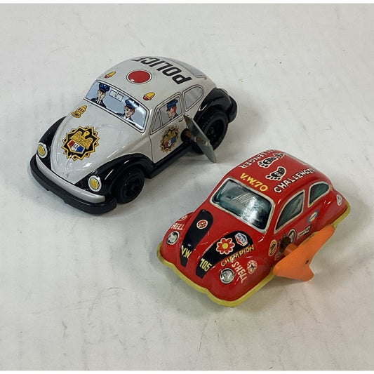 Vtg Japanese Tin Litho Wind Up Cars VW Beetle Police Car & Red VW Challenger