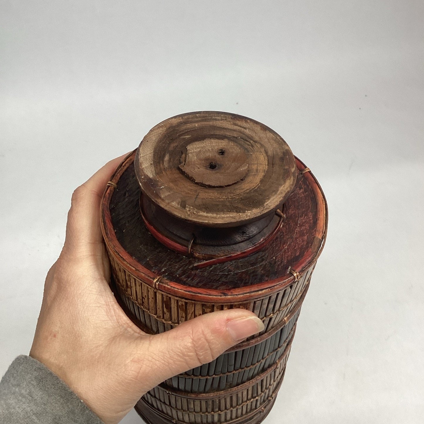 Indonesian / Balinese Handcrafted Bamboo Carved Frog Toad Container W/ Lid