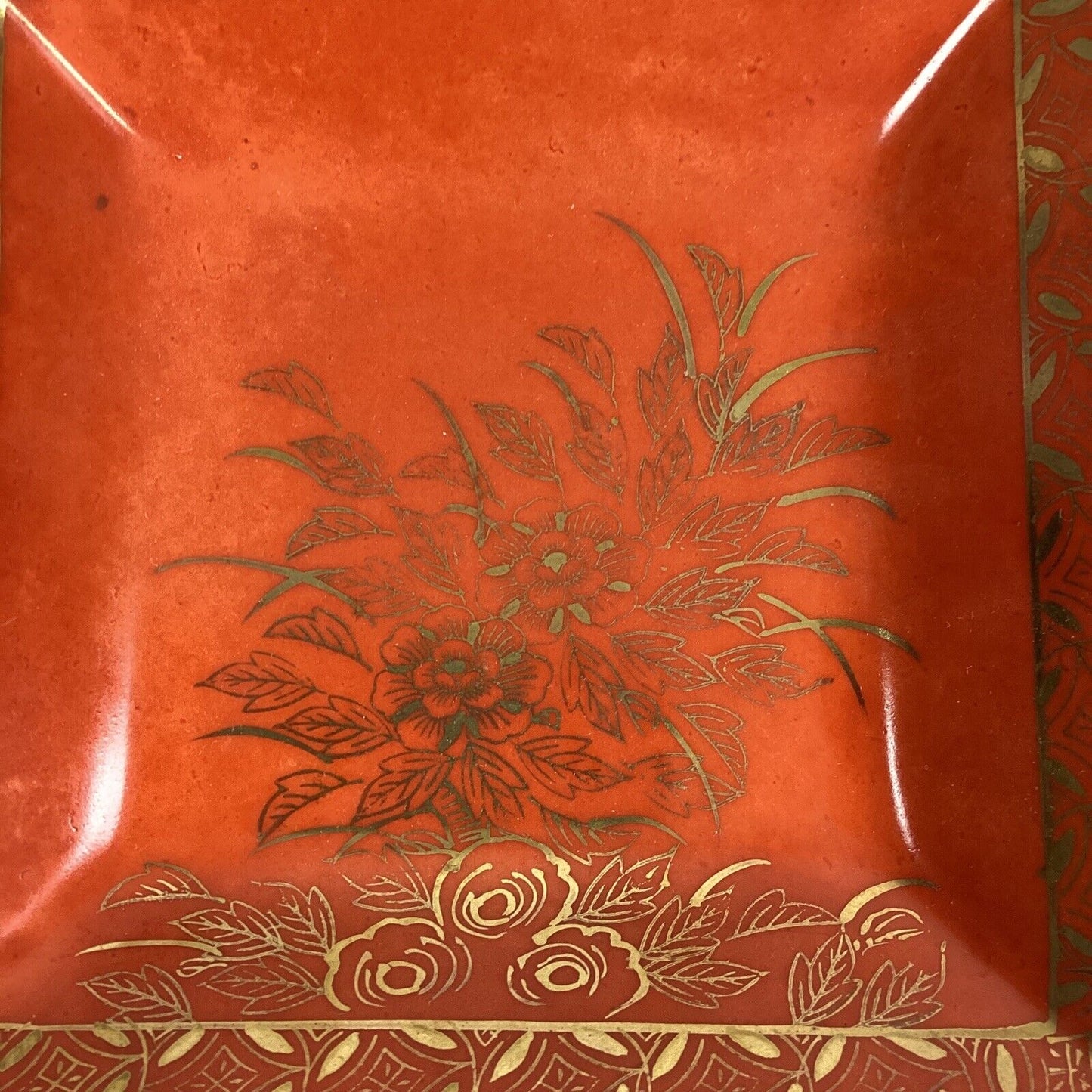 Vintage Red/Orange Japanese Floral Trinket Tray With Gold Trim - 5 1/2"D