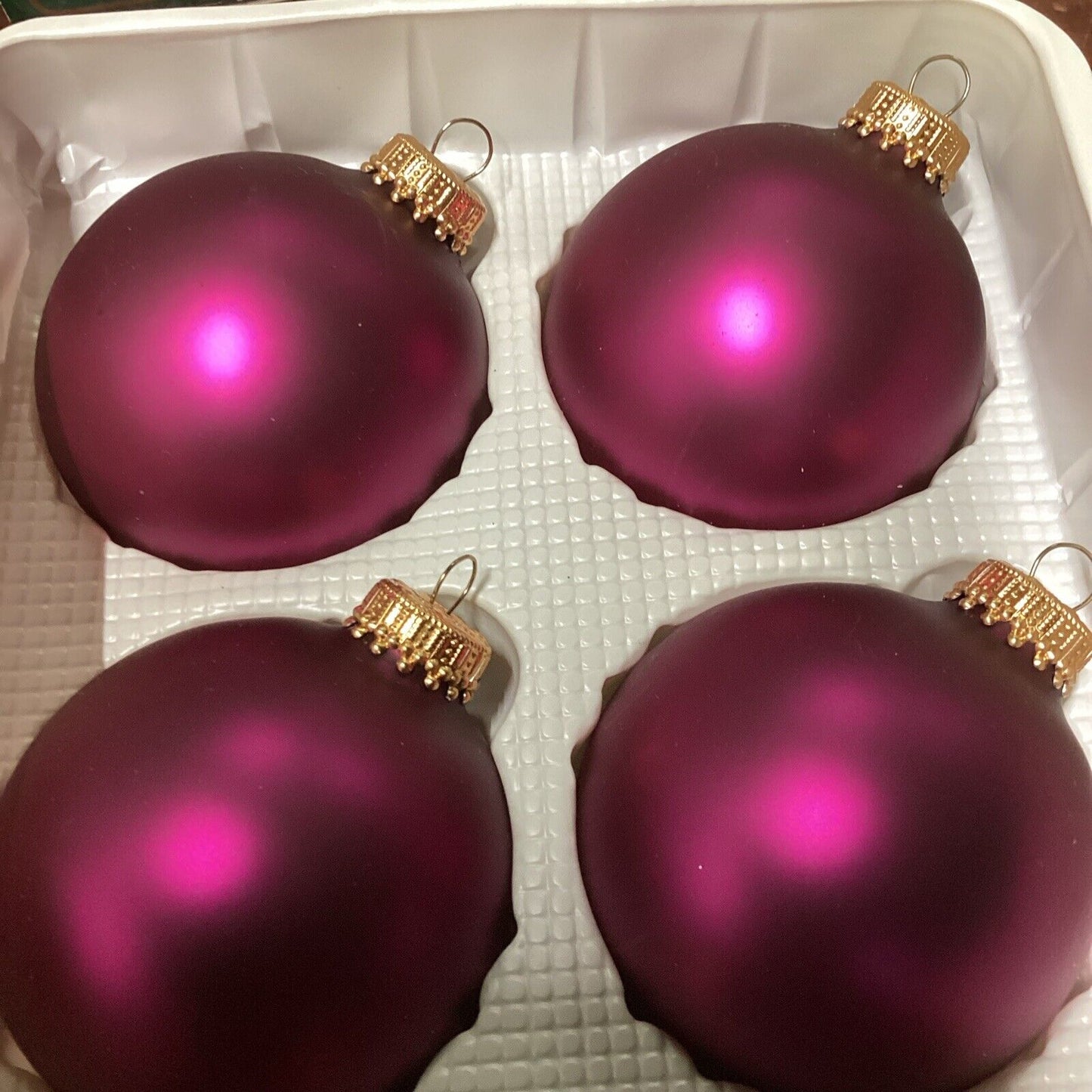 6 KREBS Christmas Glass BALL Ornaments SATIN Burgundy Red/Purple Wine 2.6" W/Box