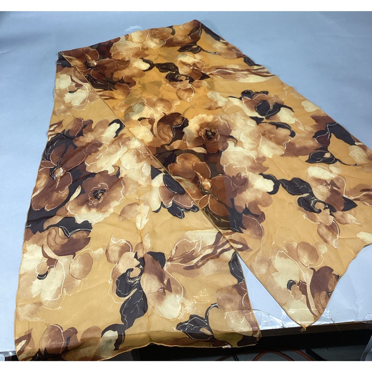 100% Silk Yellow Sheer Floral Scarf - 60x15”